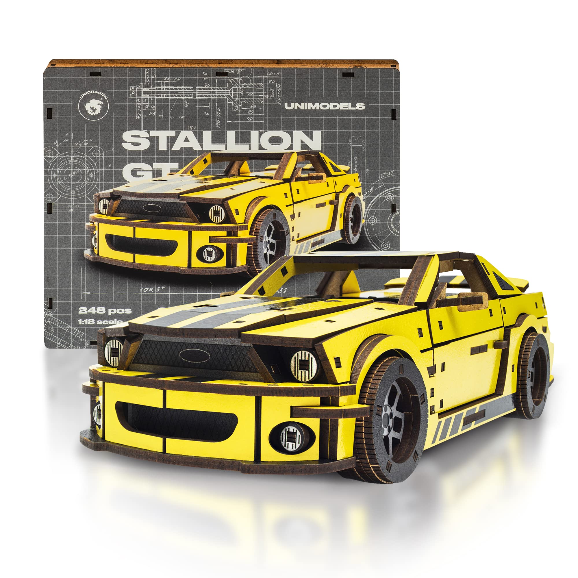 UNIDRAGON Original Wooden Jigsaw Puzzles for Adults Unimodels Stallion GT Yellow 248 Pieces, Assembled Car Model, Gift Box, Shaped Pieces