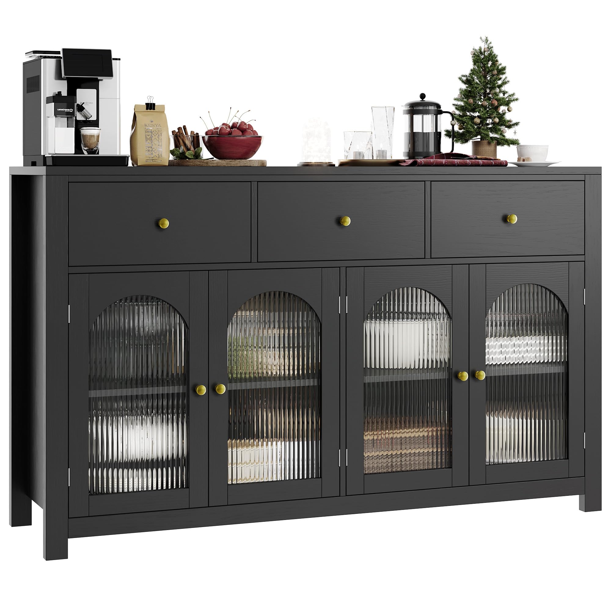 FINETONES Buffet Cabinet with Storage, 55.1" Large Sideboard Buffet Farmhouse Kitchen Cabinet with 3 Drawers and 4 Doors, Wood Coffee Bar for Kitchen, Black