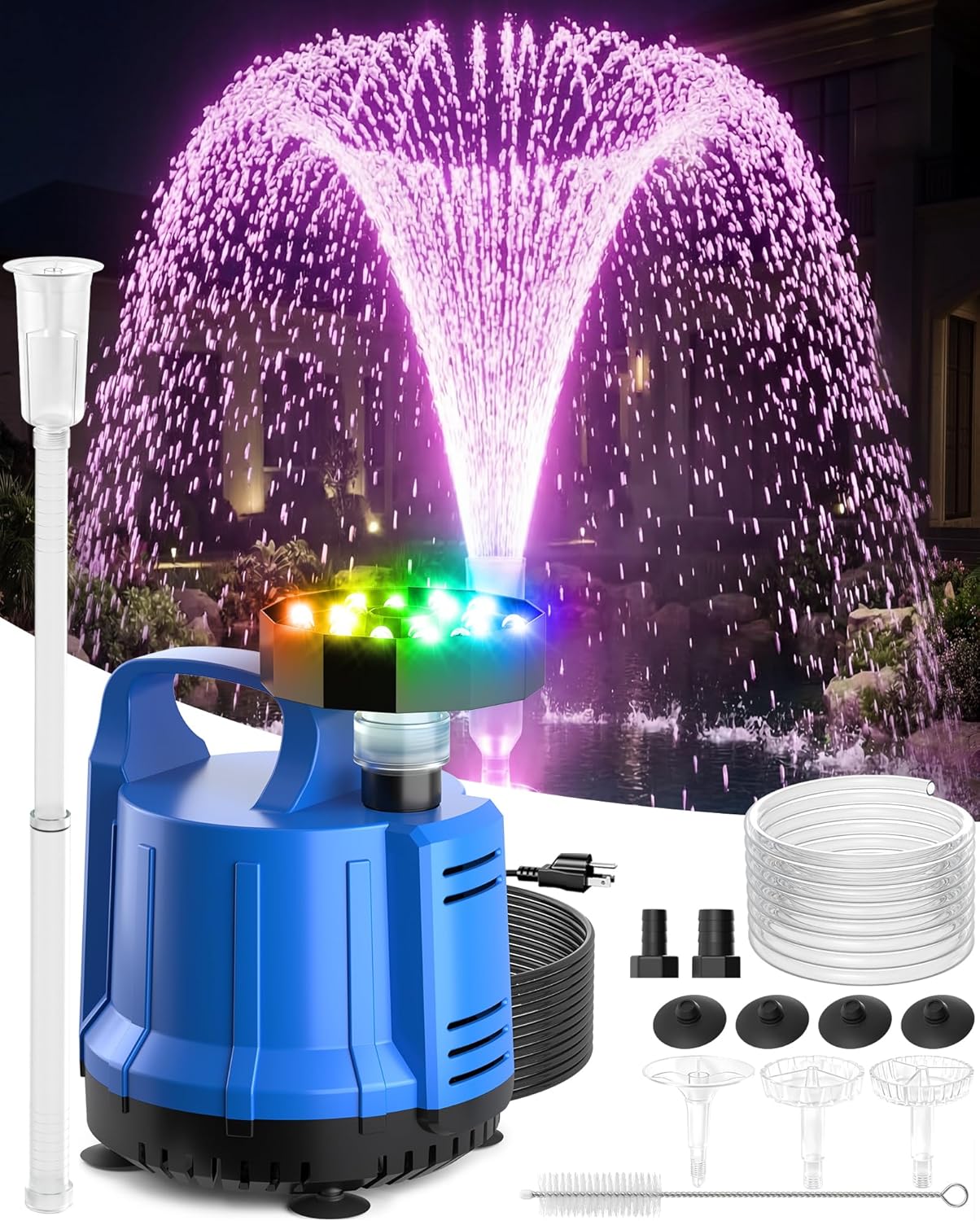 2026 Patented Pond Filter with Pump Fountain Lights, 2-in-1 Pond Filter with Pond Pump and Fountain Kit,Pond Filter Fountain for Koi Pond Filters System, Auto Water Sensor, 16ft Hose & 25ft Power Cord
