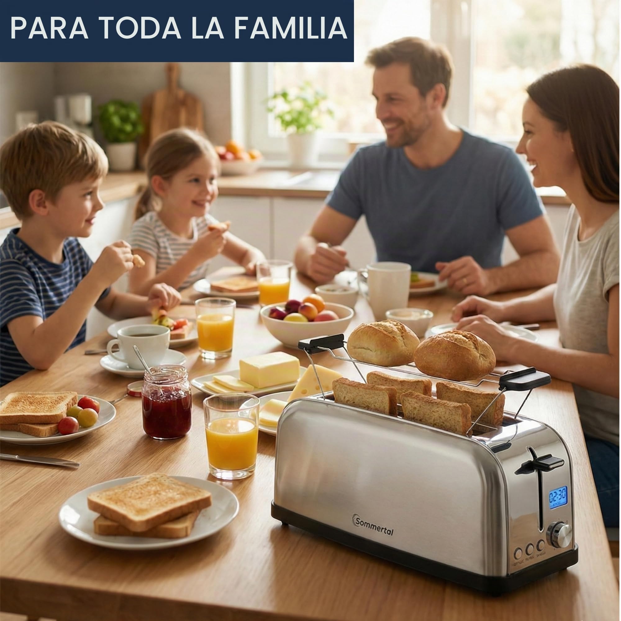 Sommertal ST1500 XXL - Tostadora de 4 rebanadas de acero inoxidable con accesorio para panecillos, pantalla digital con temporizador e indicador de funcionamiento residual, 1500 W, 7 niveles, función