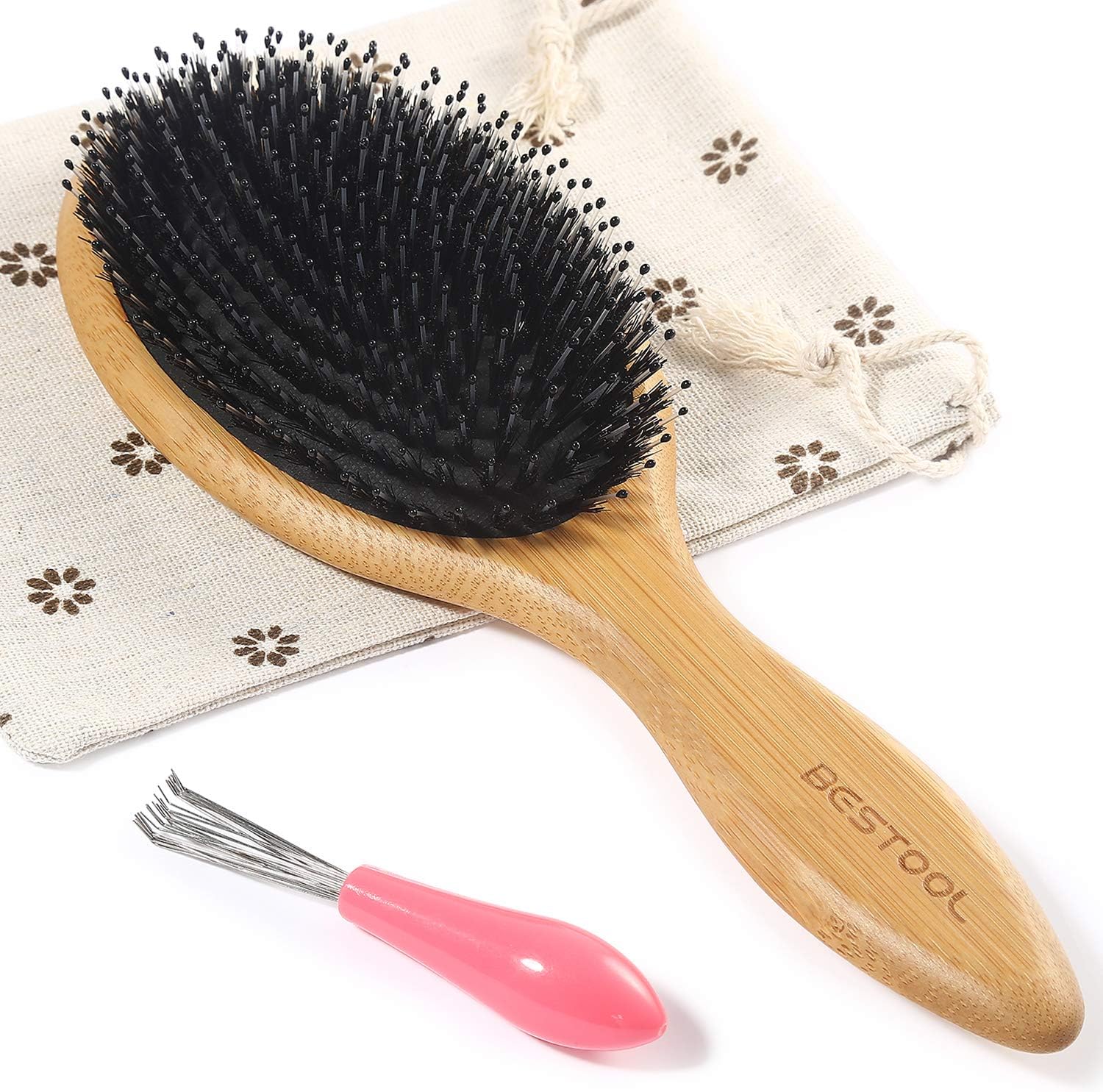 Hair Brush-Boar Bristle Hair Brushes Natural Bamboo Wooden Cushion Massage Anti Static Large Paddle Hairbrush for Women Men and Kid (Round)