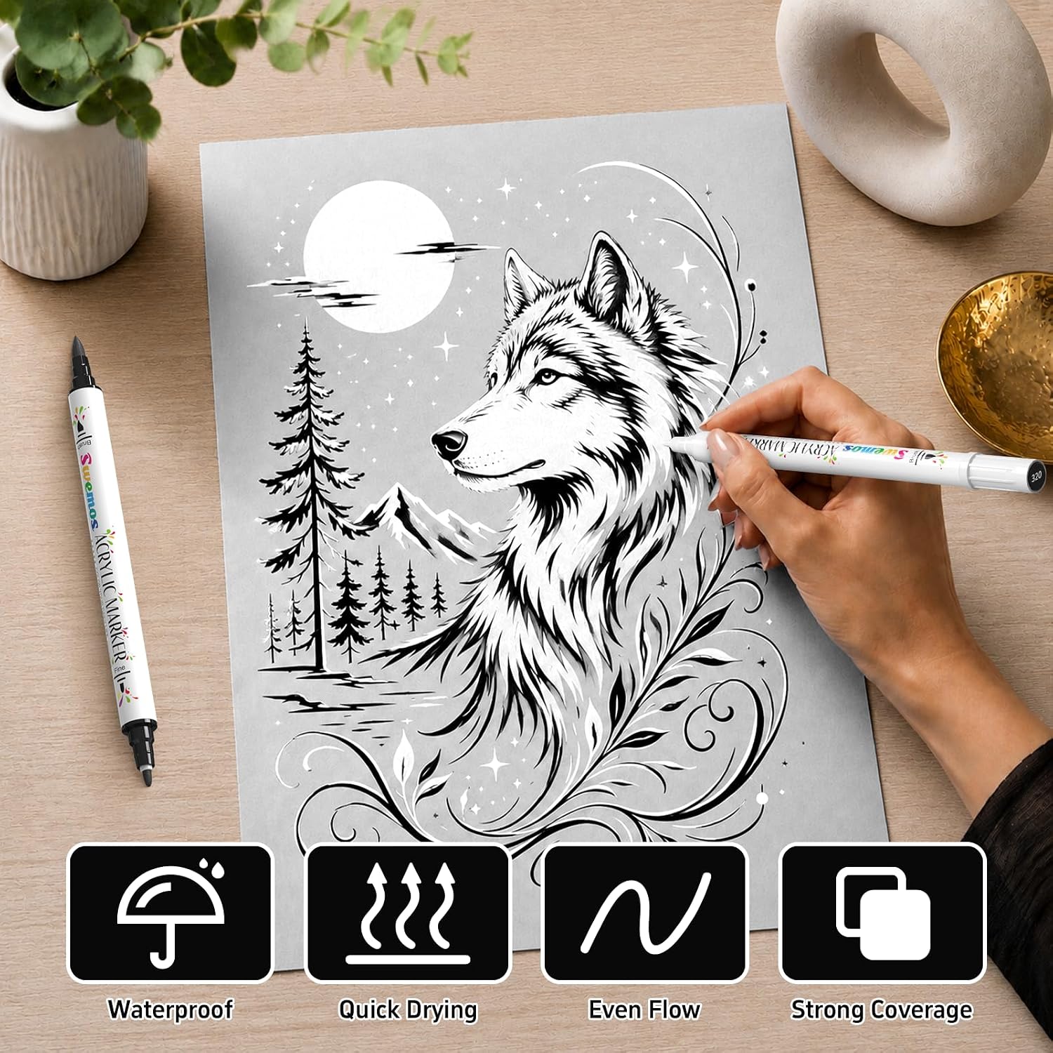 2PCS Black And White Acrylic Paint Markers, Dual Tip Acrylic Paint Pens image 3