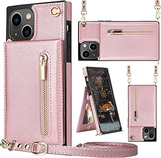 HOGGU Compatible with iPhone 13 Case Wallet - Crossbody Leather Wallet Case with Card Holder, Zipper Purse, Kickstand, Removable Shoulder Strap, Square Corners Case Protective Back Cover-Pink