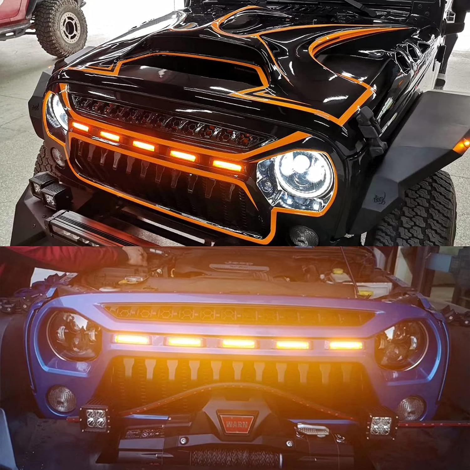 Front Grille Mesh Grill With Amber LED Running Lights Matte Black ABS Accessories Replacement Compatible With Jeep Wrangler JK JKU 2007-2018 Unlimited Rubicon Sahara Sport Grille