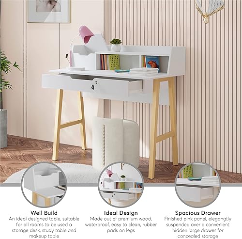 Miniatura 4 de Escritorio Roma - Elegante escritorio de estudio de madera con almacenamiento, agujeros para cables y cajones, mesa de trabajo para el hogar,