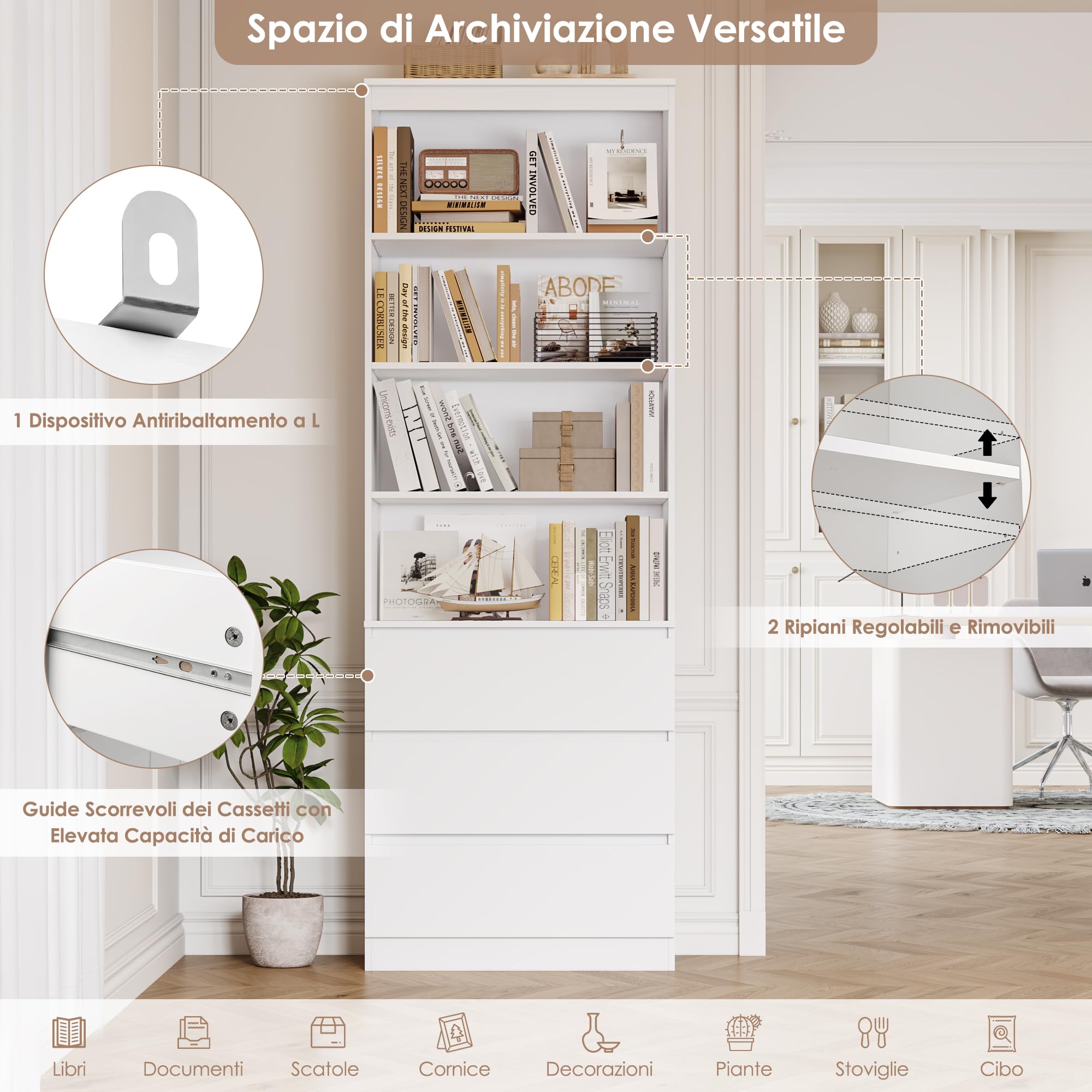 FirFurd 202 cm Libreria, Libreria Verticale con 4 Scomparti Aperti, Bianco | Scaffale Salvaspazio con 3 Cassetti Scorrevoli,Librerie con Ripiani Regolabile,per Studio, Ufficio, Soggiorno,60x35x202 cm