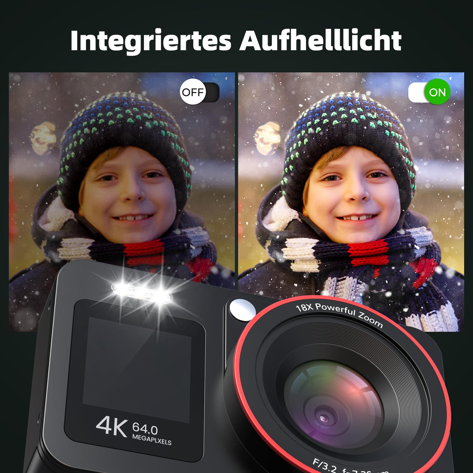 Digitalkamera 4K 64MP Vlogging Fotokamera Kompaktkamera 18X Digitalzoom Kamera für Kinder mit 2 Bildschirme, 2 Batterien, 64GB SD Karte für Kinder Teenager Anfänger, Schwarz