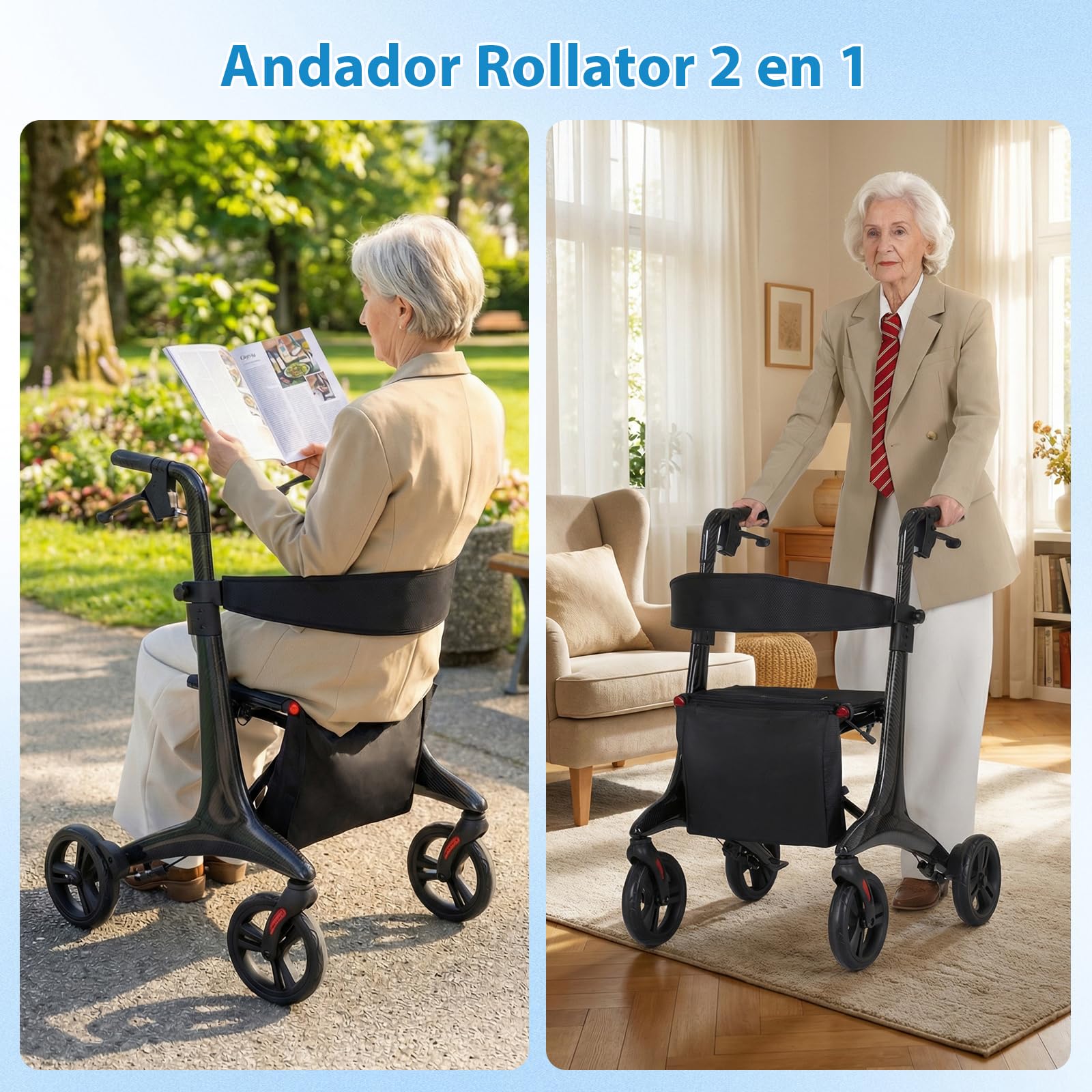 COSTWAY Andador Plegable para Ancianos, Caminadores para Mayores con Asiento, Estructura de Fibra de Carbono, 4 Ruedas de 20 cm, Altura Ajustable, Bolsillo, Tacataca para Ancianos, Carga 136kg