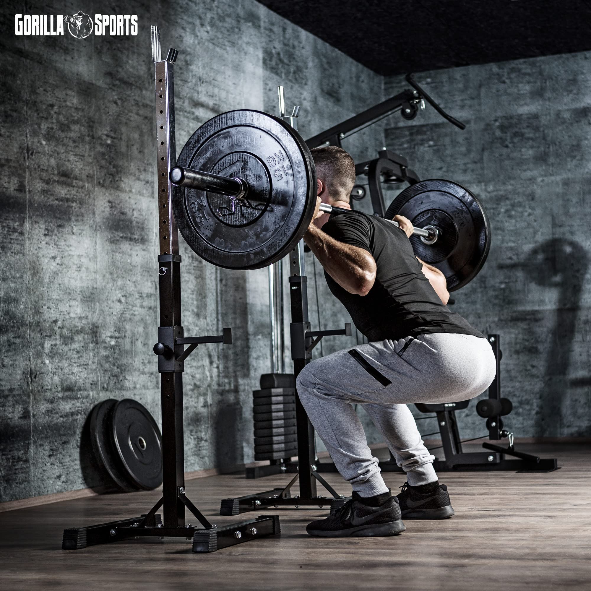 GORILLA SPORTS® Squat Rack - Regolabile In Altezza 105-172cm, Porta Manubri, Max. 500kg, Nero, Peso 9kg, Acciaio - Supporto Per Bilanciere, Coppia Barre Di Rastrelliera Pessi, Fitness