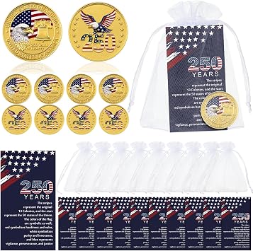 Sureio 30 Pcs 250th Anniversary Commemorative Coins, 1776-2026 250th Independence Anniversary Challenge Coins, USA Eagle Patriotic Symbol Collectible Memorial Day Gifts for Veterans Men Women