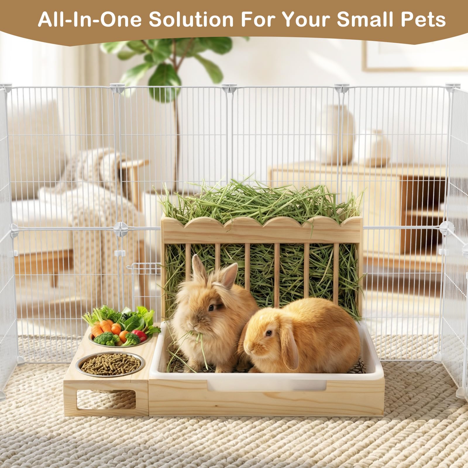 3-in-1 Rabbit Hay Feeder with Litter Box, Sturdy Wooden Hay Feeder Set for Guinea Pigs, Chinchillas, Hamsters, Ferret, Rabbits and Other Small Animal - image 3