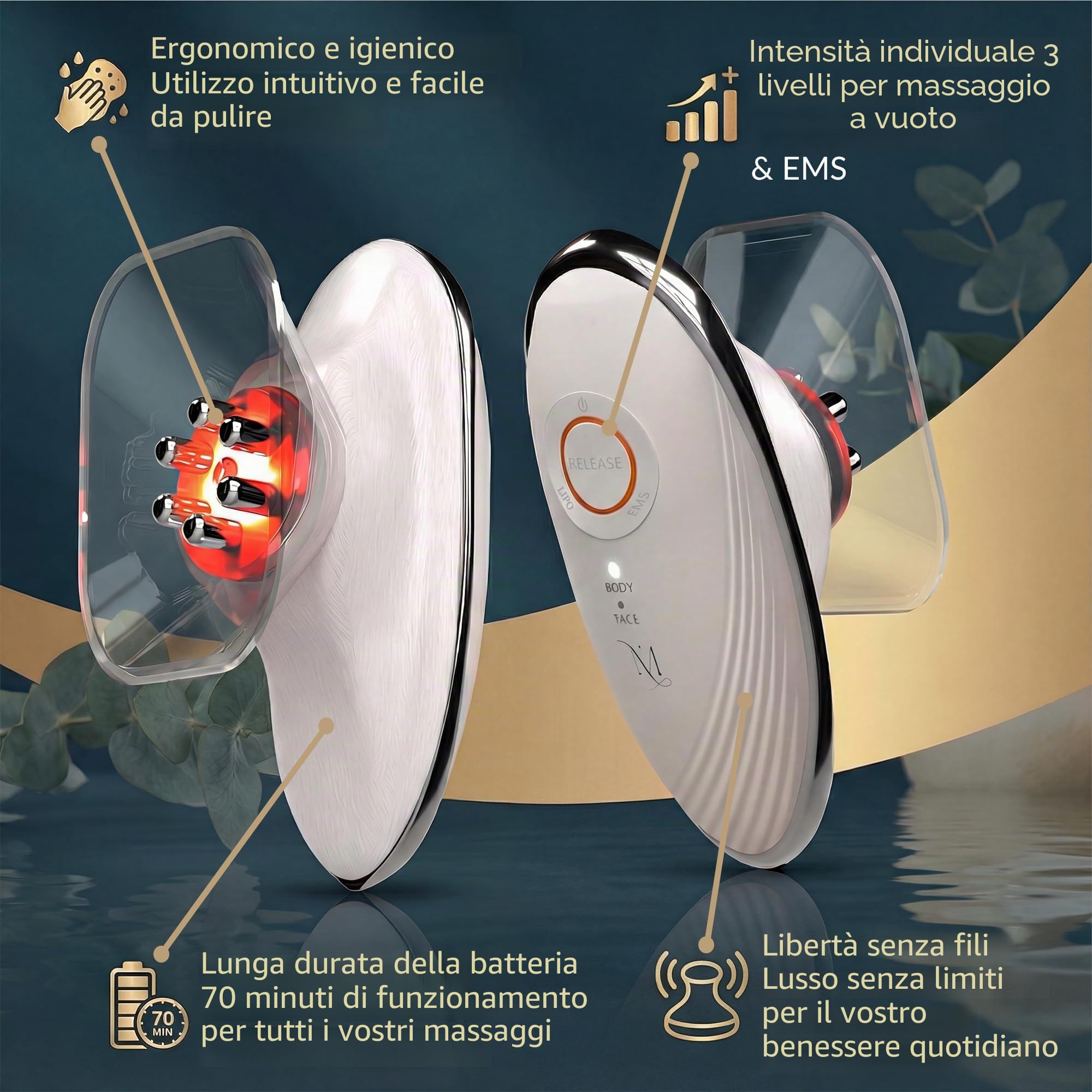 Massaggiatore Anticellulite Elettrico - Corpo e Viso | Massaggio Vacuum, Lifting EMS Viso, Luce Rossa, Linfodrenaggio, Rassodante, Tonificante in 4 settimane