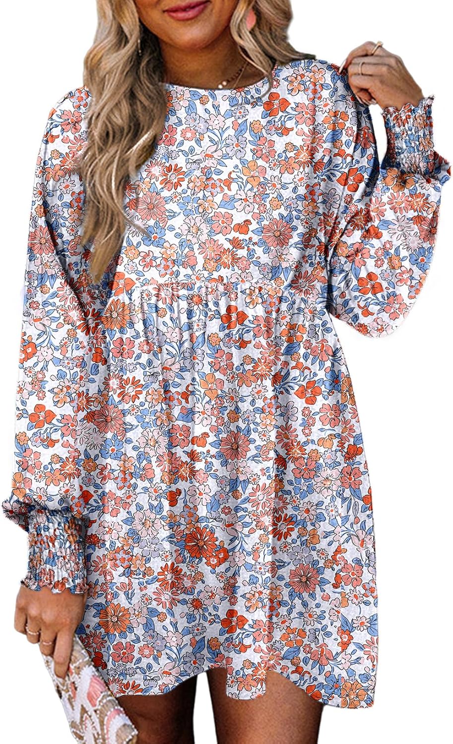 Dokotoo Casual Dresses for Women Flowy Boho Floral Long Sleeve Empire Waist Babydoll Mini Dress