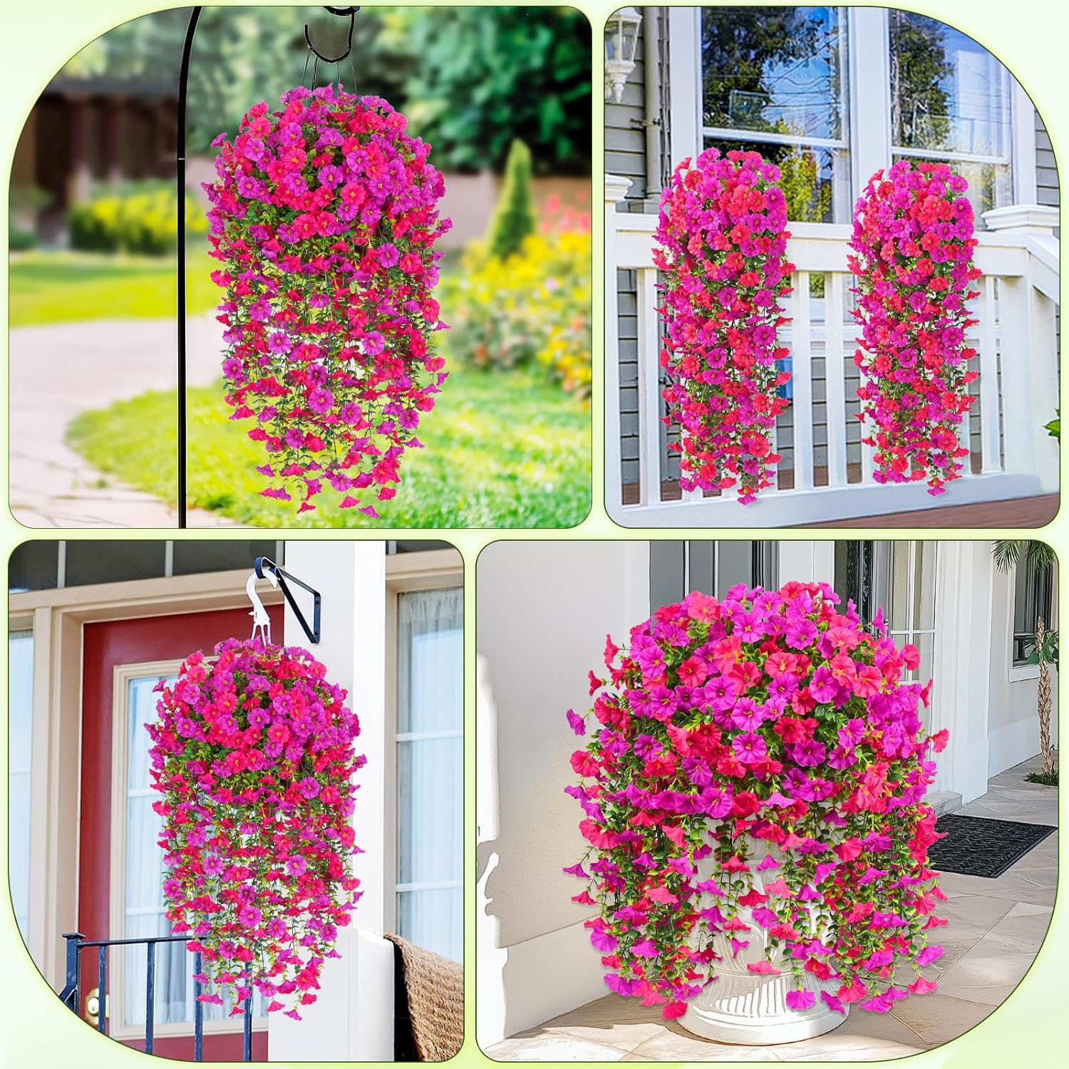 Dolicer 4 Packs Look Real Artificial Flowers for Outdoors, Fake Artificial Hanging Flowers for Outdoors Realistic UV Resistant Faux Hanging Flowers Silk Petunia for Porch Patio (Fuchsia+Rose Red) - Image 7