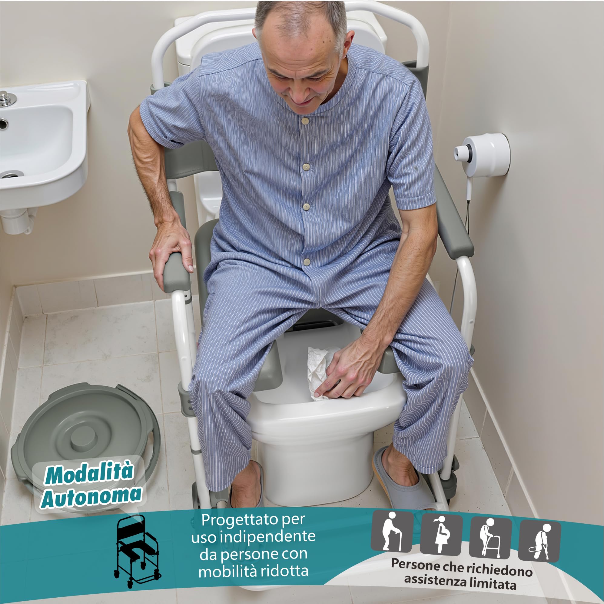 Sedia da comoda con ruote per anziani, sedia da doccia con portata di 120 kg, wc portatile con secchio per disabili e anziani