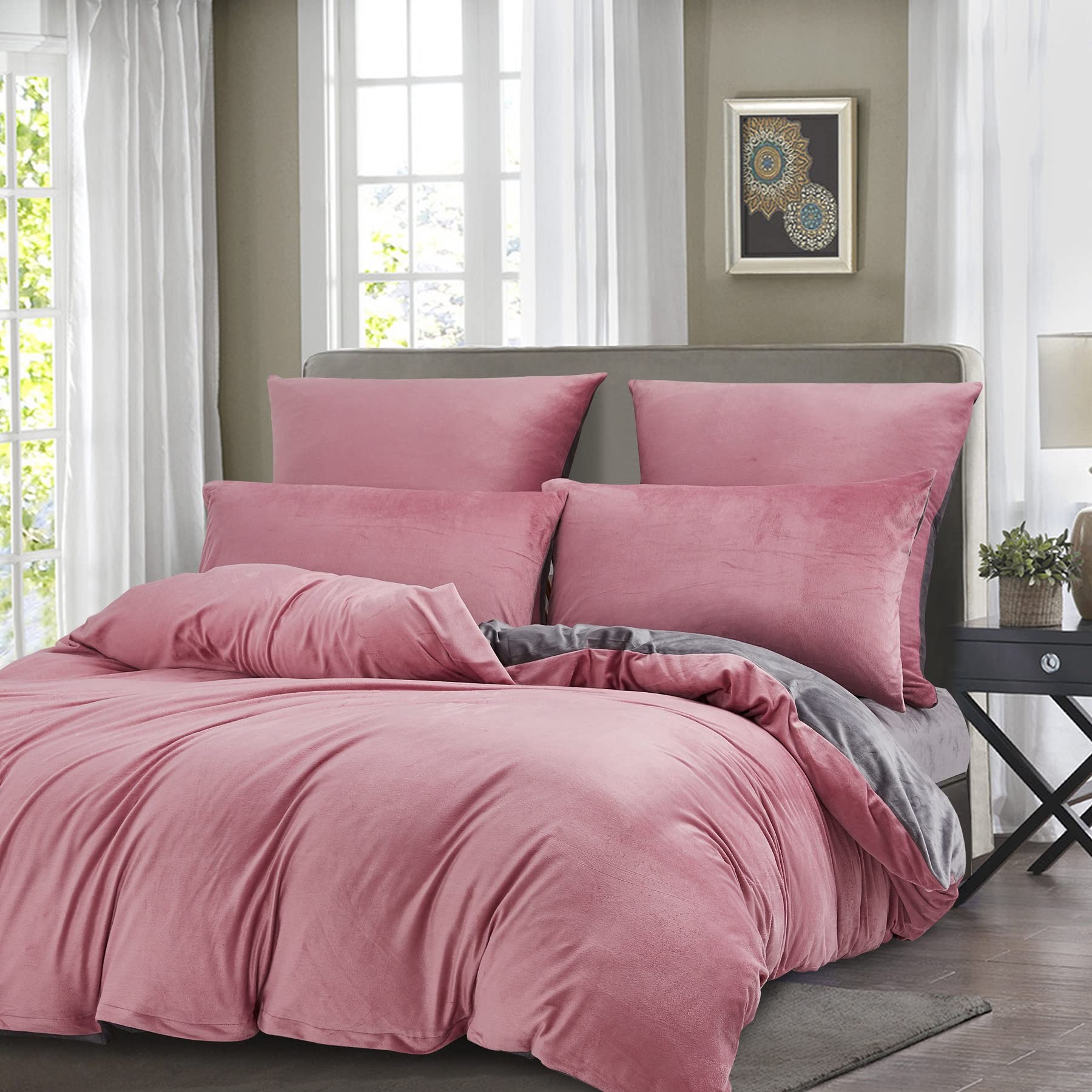 Bettwäsche Winter Kuschelig 200x220 cm Cashmere Touch Rosa Altrosa Grau Microfaser Flauschig Fleece Winter Bettwäsche Plüsch Bettbezug Set Kuschelig Microfaser Winterbettwäsche mit Reißverschluss
