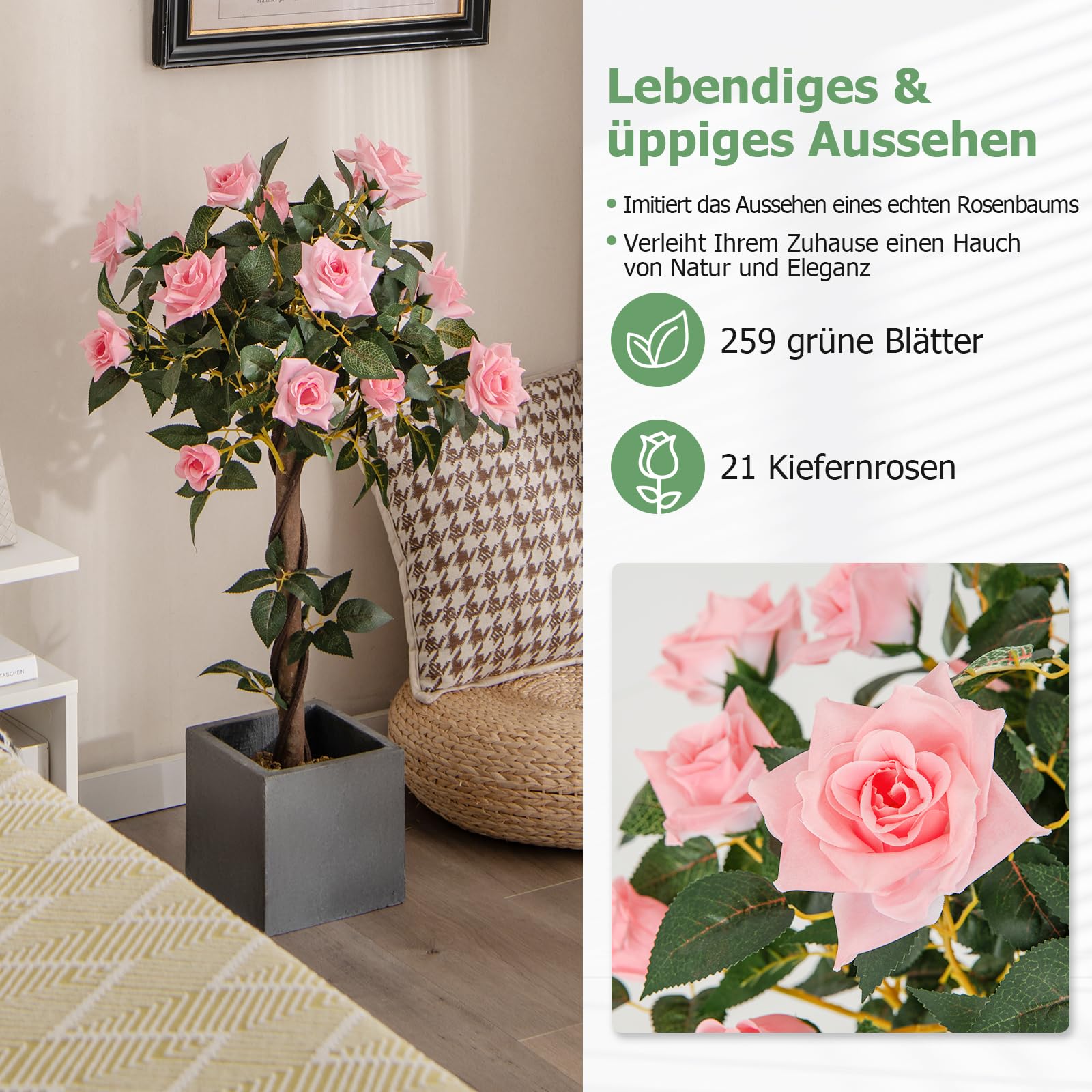 RELAX4LIFE Kunstpflanze, Kunstbaum mit Blüten, Rosenbaum mit 21 Rosa Rosen & 259 Blättern & Echtholzstamm, Künstliche Pflanze im Topf, Dekopflanze 93cm, Zimmerpflanze für Zuhause Büro
