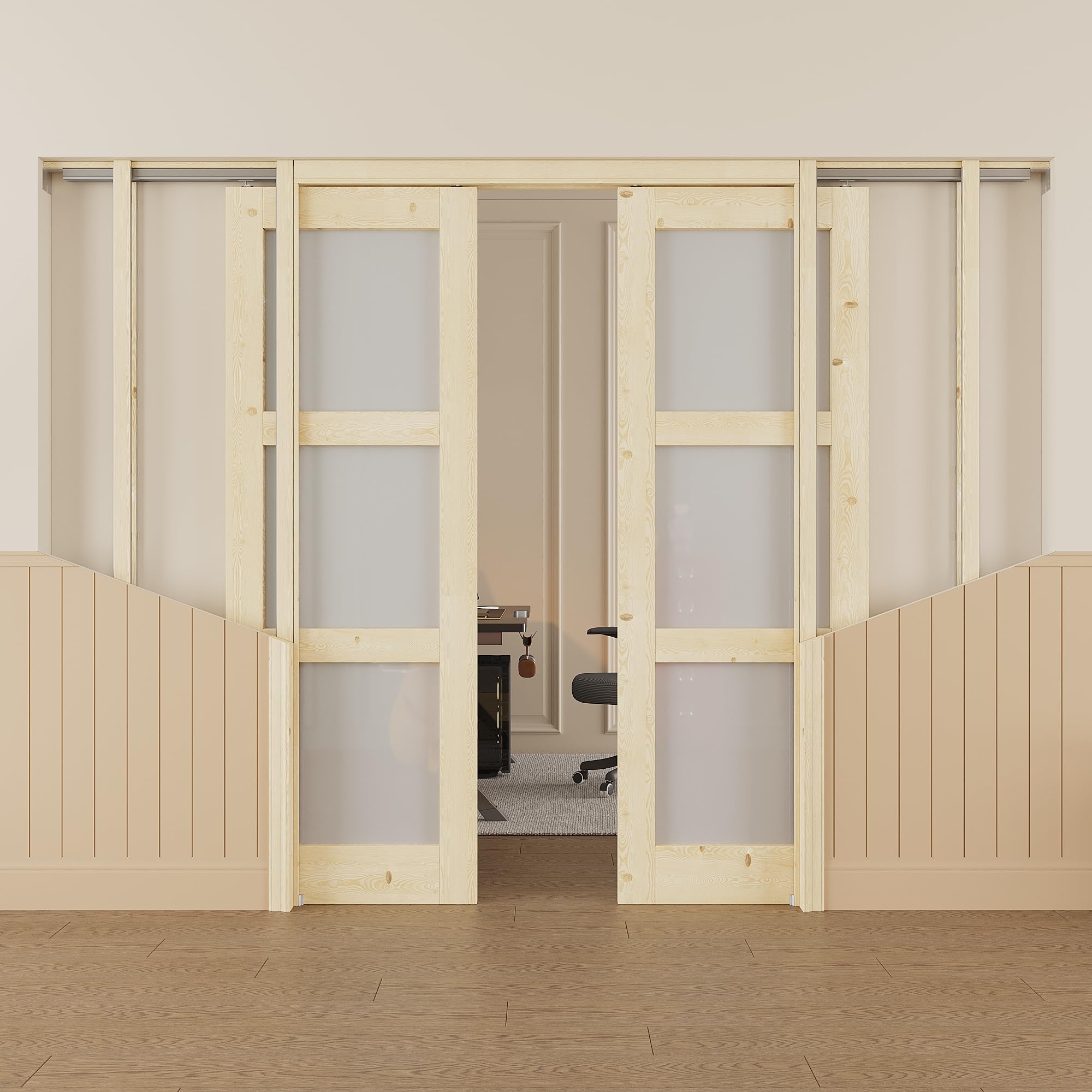 56x80 Sliding Double Pocket Door,3 Lite Frosted Glass Doors,French Door