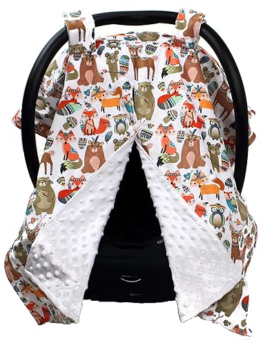 Dear Baby Gear Funda de lujo para asiento de automóvil para bebé, animales tribales del bosque, lunares minky, blanco