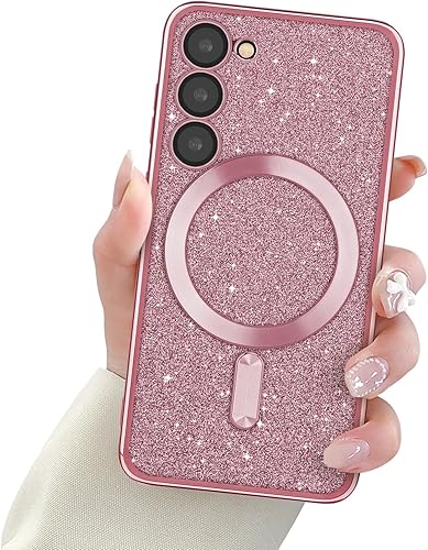 Funda magnética para Samsung Galaxy S23, funda con purpurina brillante, TPU suave, protección completa de la lente de la cámara, funda brillante