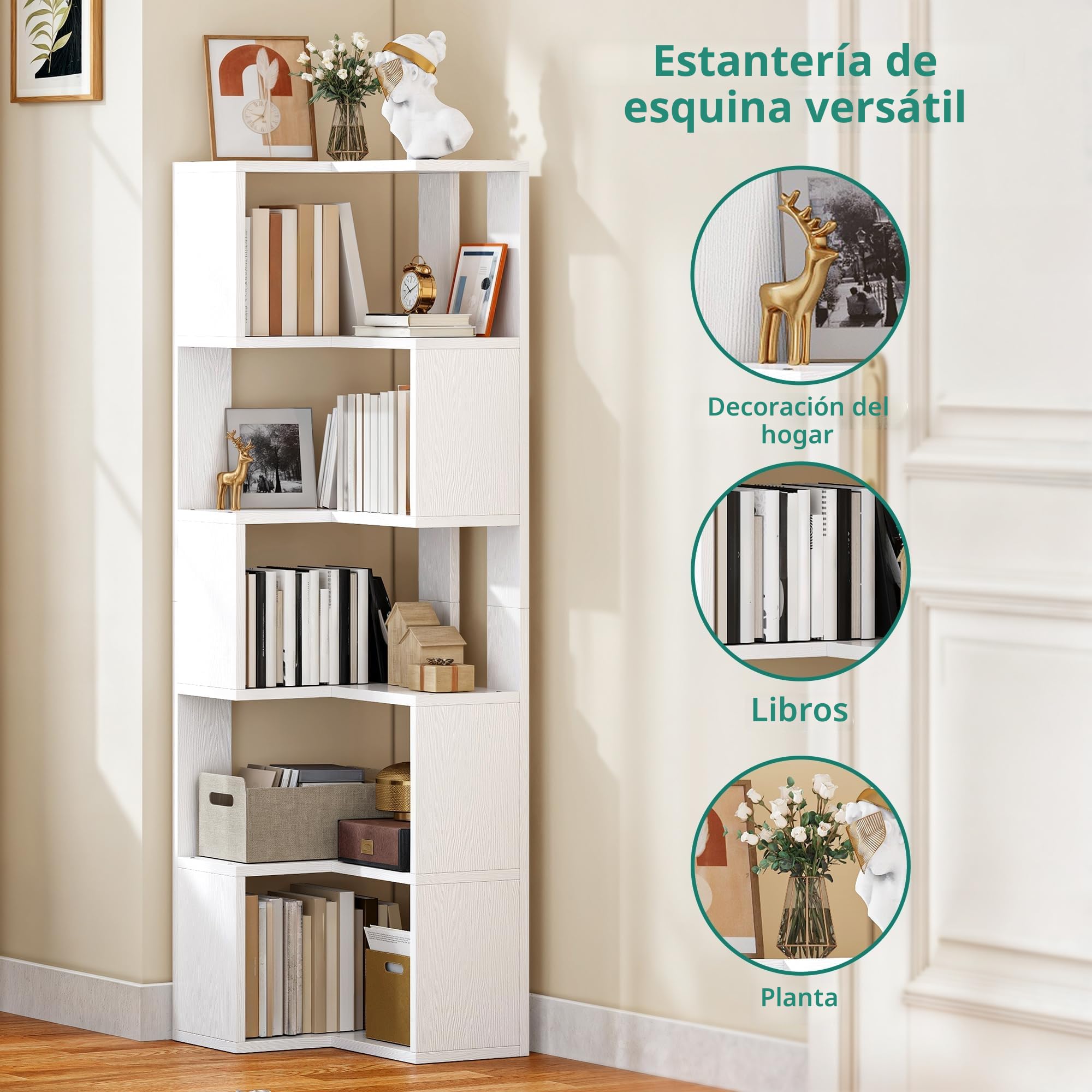YITAHOME Estantería esquinera de 6 niveles, estantería en forma de L, estantería de pie, estantería de almacenamiento para sala de estar, dormitorio, oficina en casa, sala de estudio, 23.3 pulgadas de