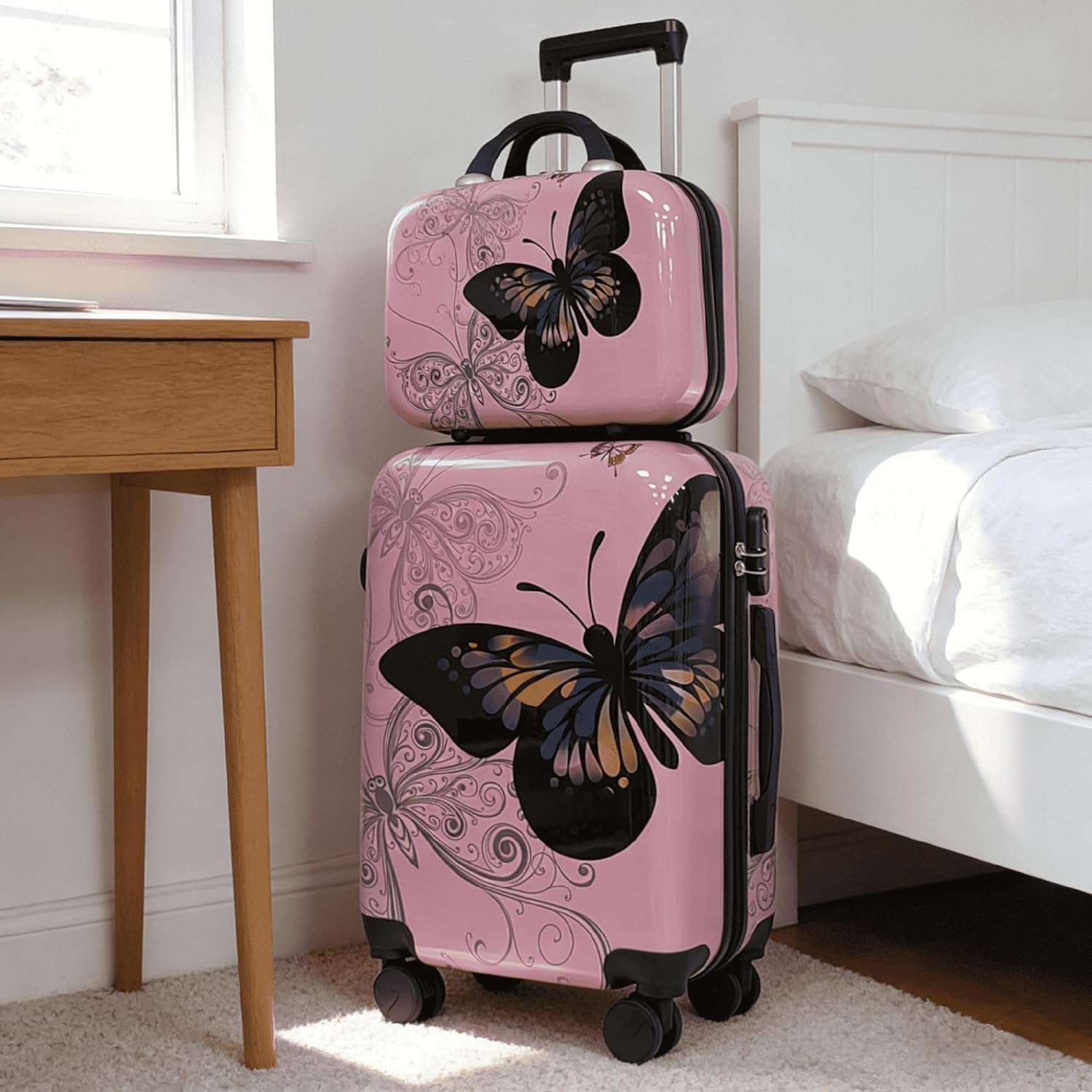 Butterfly Luggage Set, Hard Shell ABS+PC Carry-On with Spinner Wheels, Retractable Trolley & Reflective Surface - Lightweight Travel Suitcase Set (Pink Butterfly（14+20）)