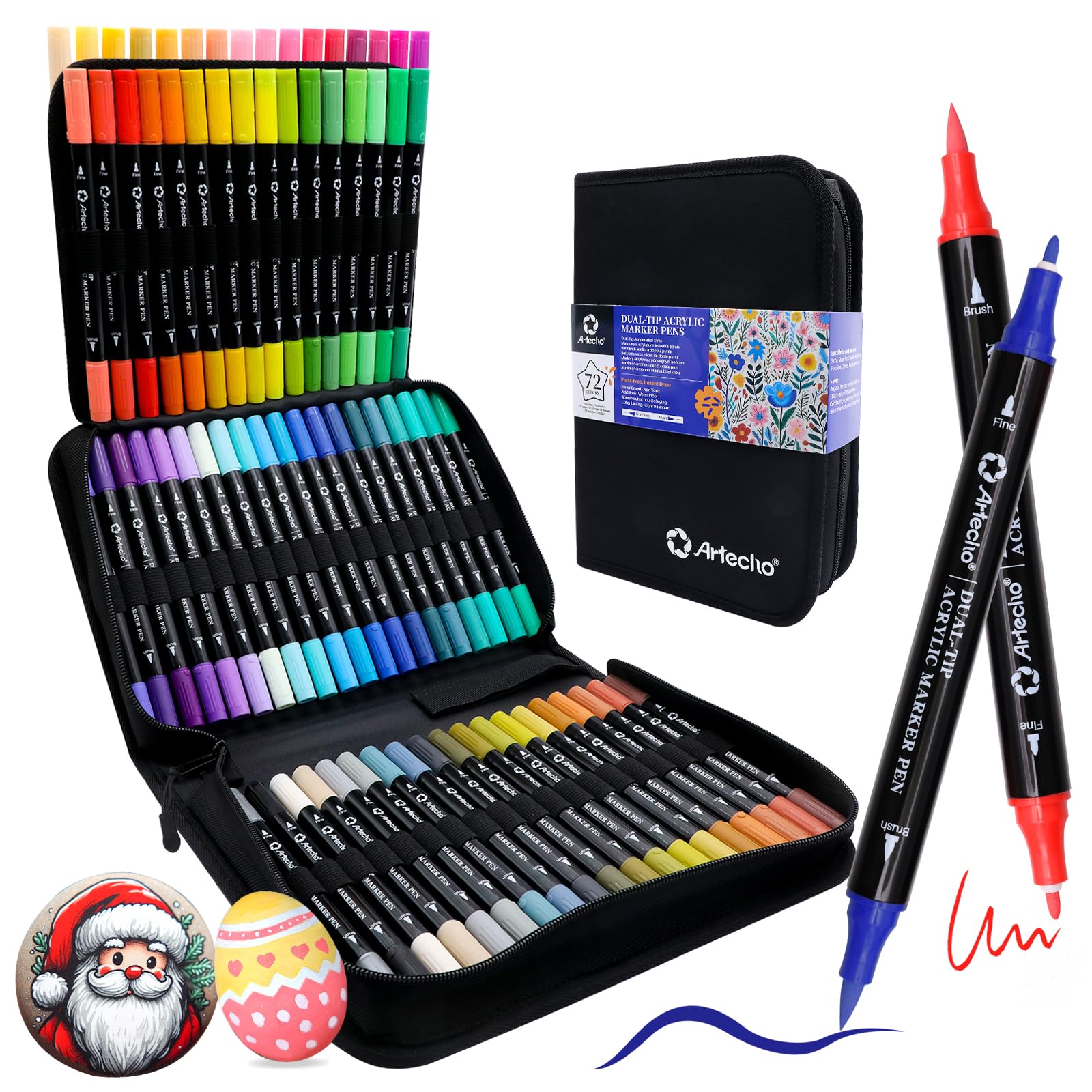 Artecho Acrylic Paint Markers 72 Colors with Bag, Acrylic Paint Pens with Brush Tip and Fine Tip for Stone, Rock Painting, Paper, Pumpkin, Wood, Egg, Canvas, Ceramic, Fabric, leather, Glass