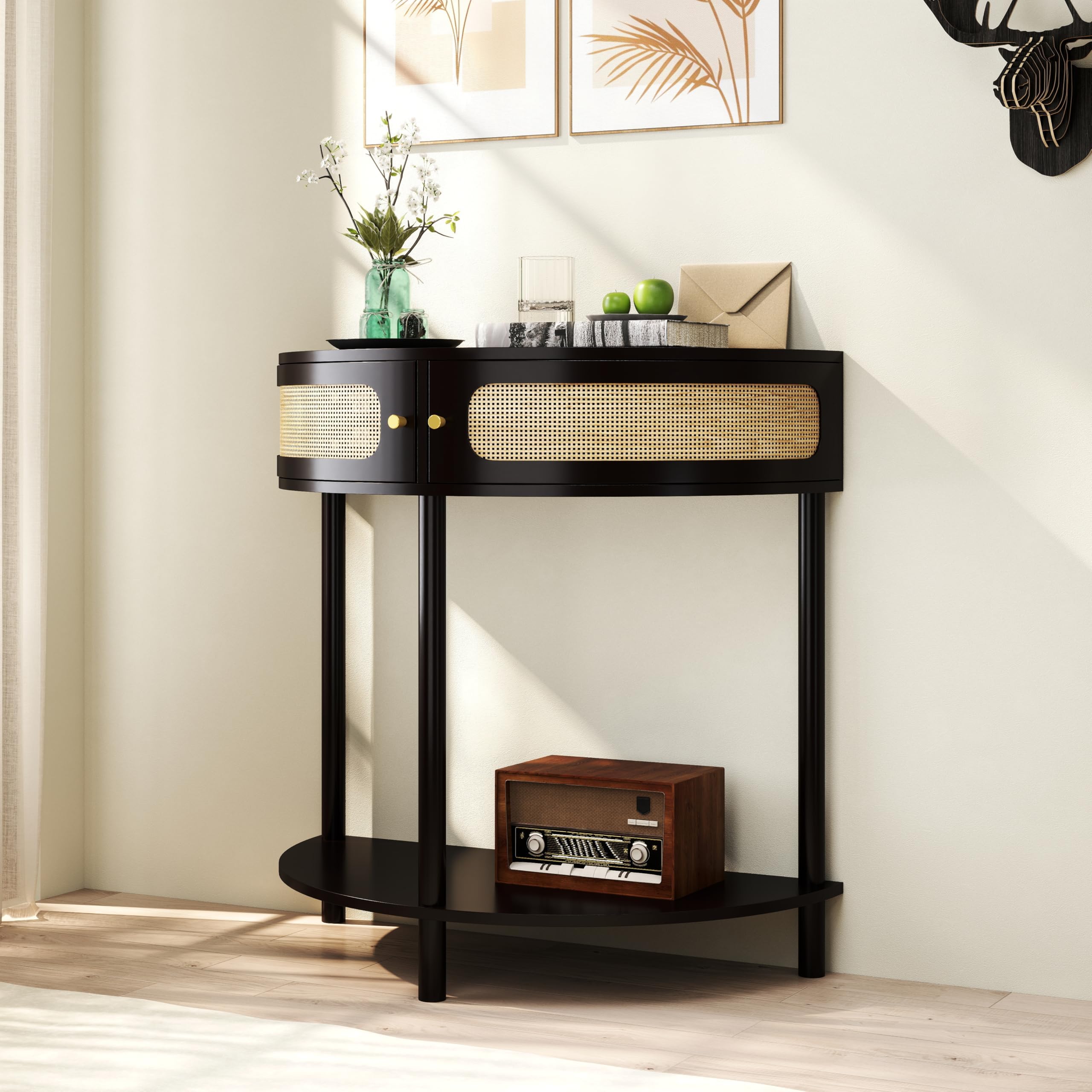 ROCKRAIN Half Moon End Table for Small Spaces: Zero Space Waste Wall-Fit Design - 3-in-1 Storage with 2 Rattan Drawers & Bottom Shelf for Living Room Bedroom Entryway