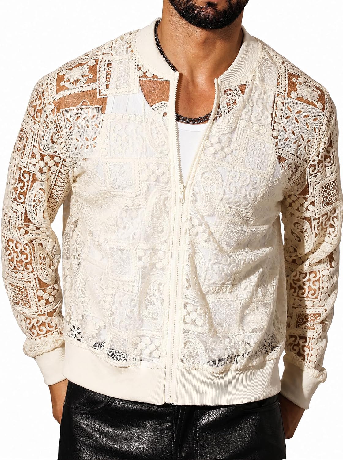 Men's Sheer Floral Lace Jacket Zip Mesh Long Sleeve See Through Bomber Clubwear