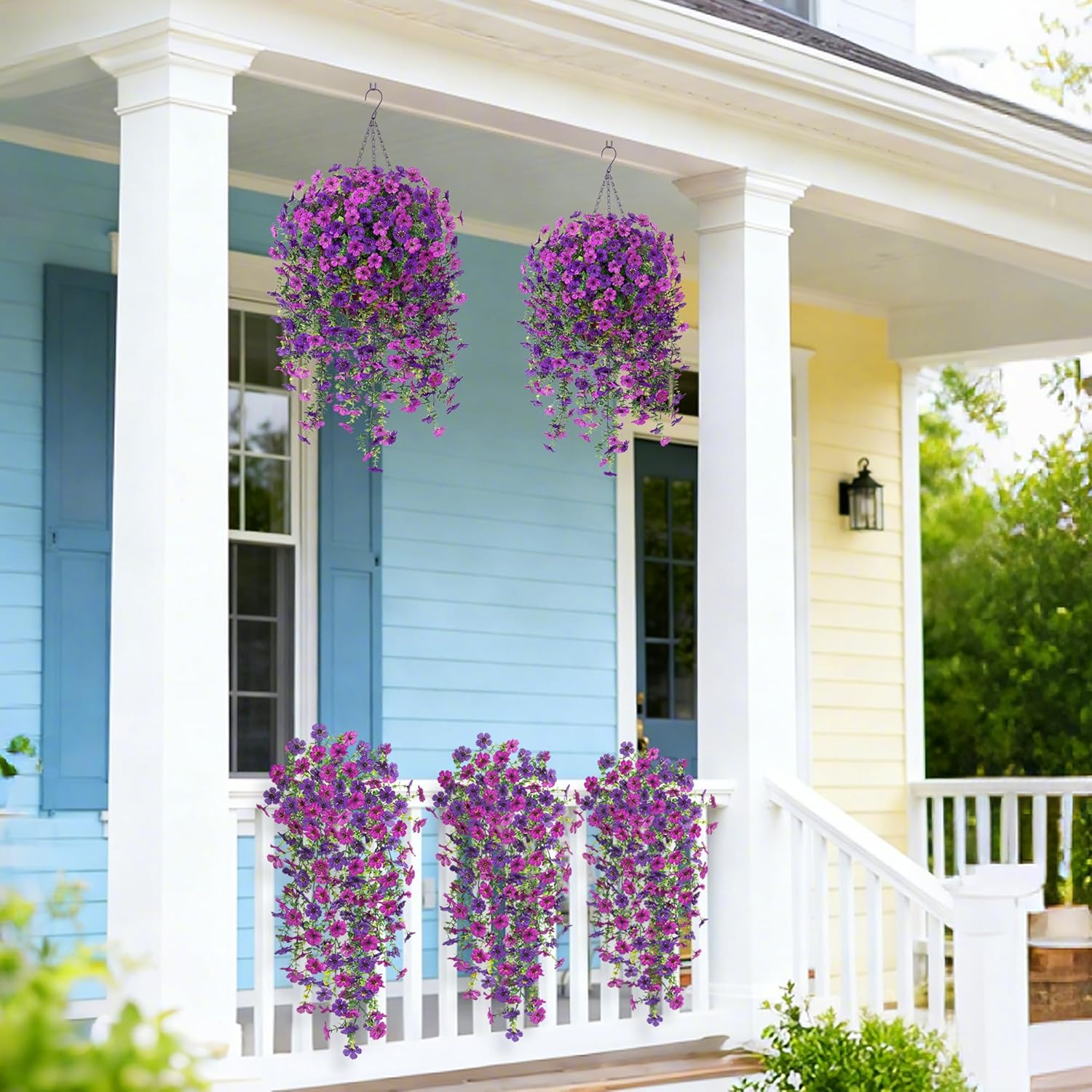 2Pcs Fake Hanging Flowers for Outdoor Decoration Artificial Hanging Flowers Realistic Daisy Plants UV Resistant, Faux Silk Flower for Porch Patio Window Sill Outside Decor(Purple Deep Purple) - Image 4