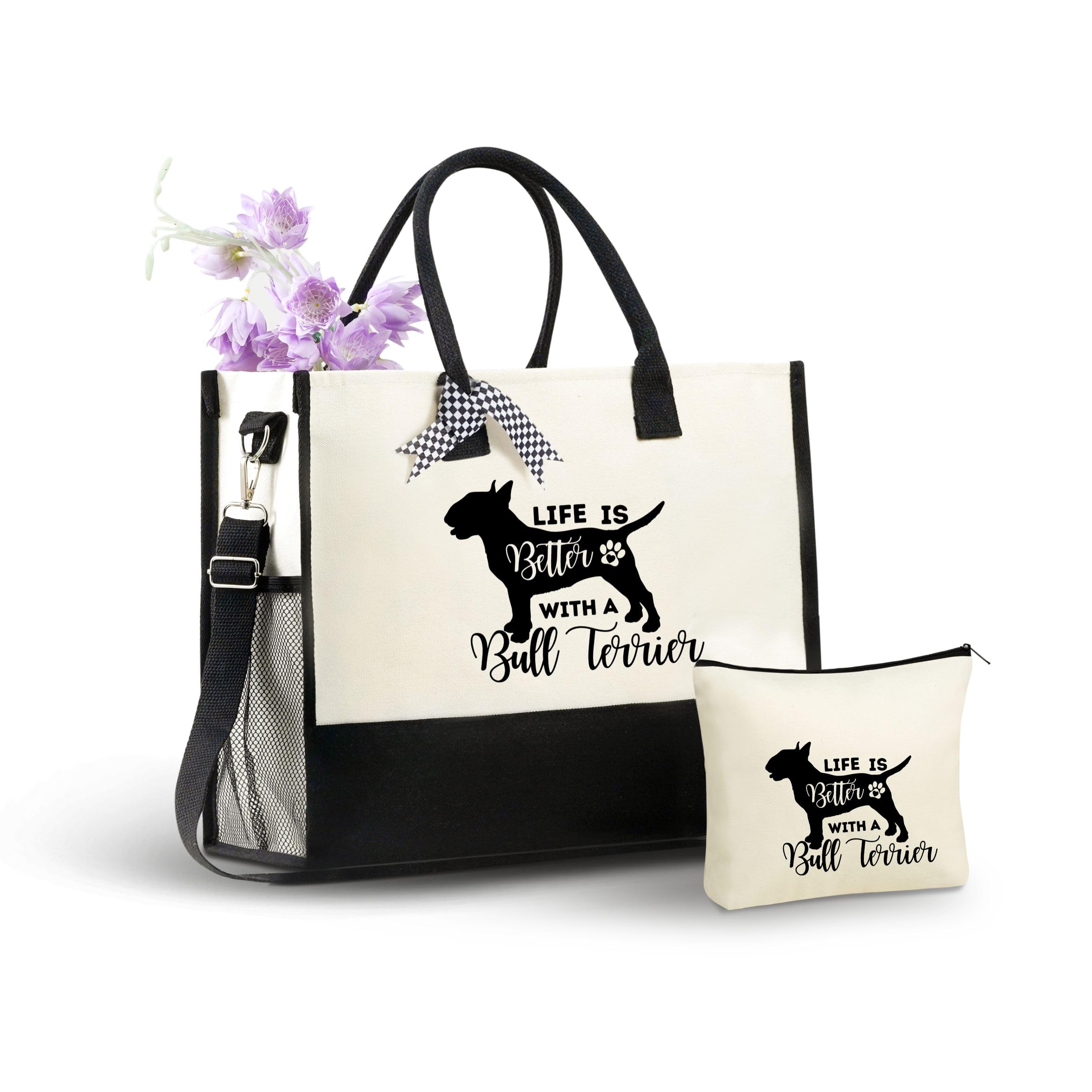 InnoBeta Bull Terrier Gifts for Women Canvas Tote Bag, Bull Terrier Gifts Tote with Top Zipper Closure and Shoulder Strap for Birthday, Mother's Day,