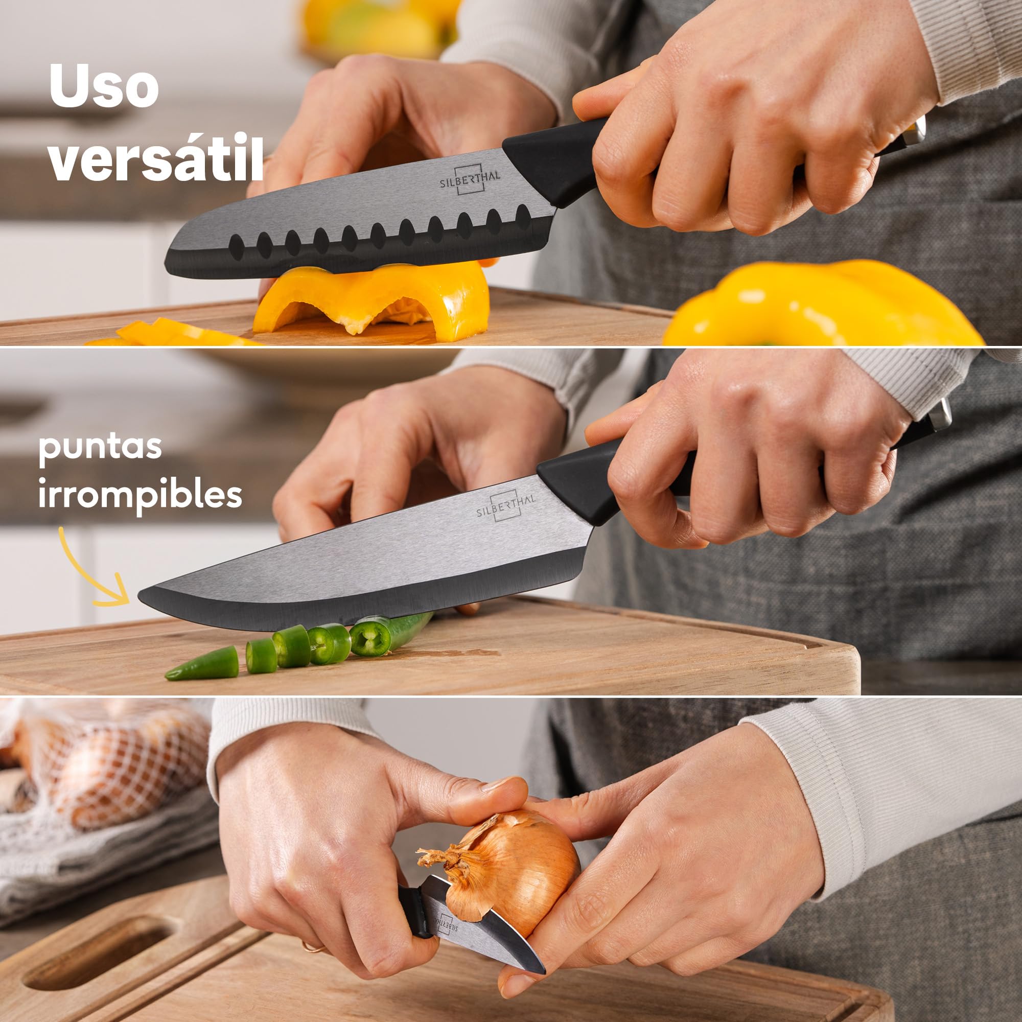SILBERTHAL Set cuchillos cocina cerámica - Con funda protectora - Set 3 cuchillos ceramicos cocina
