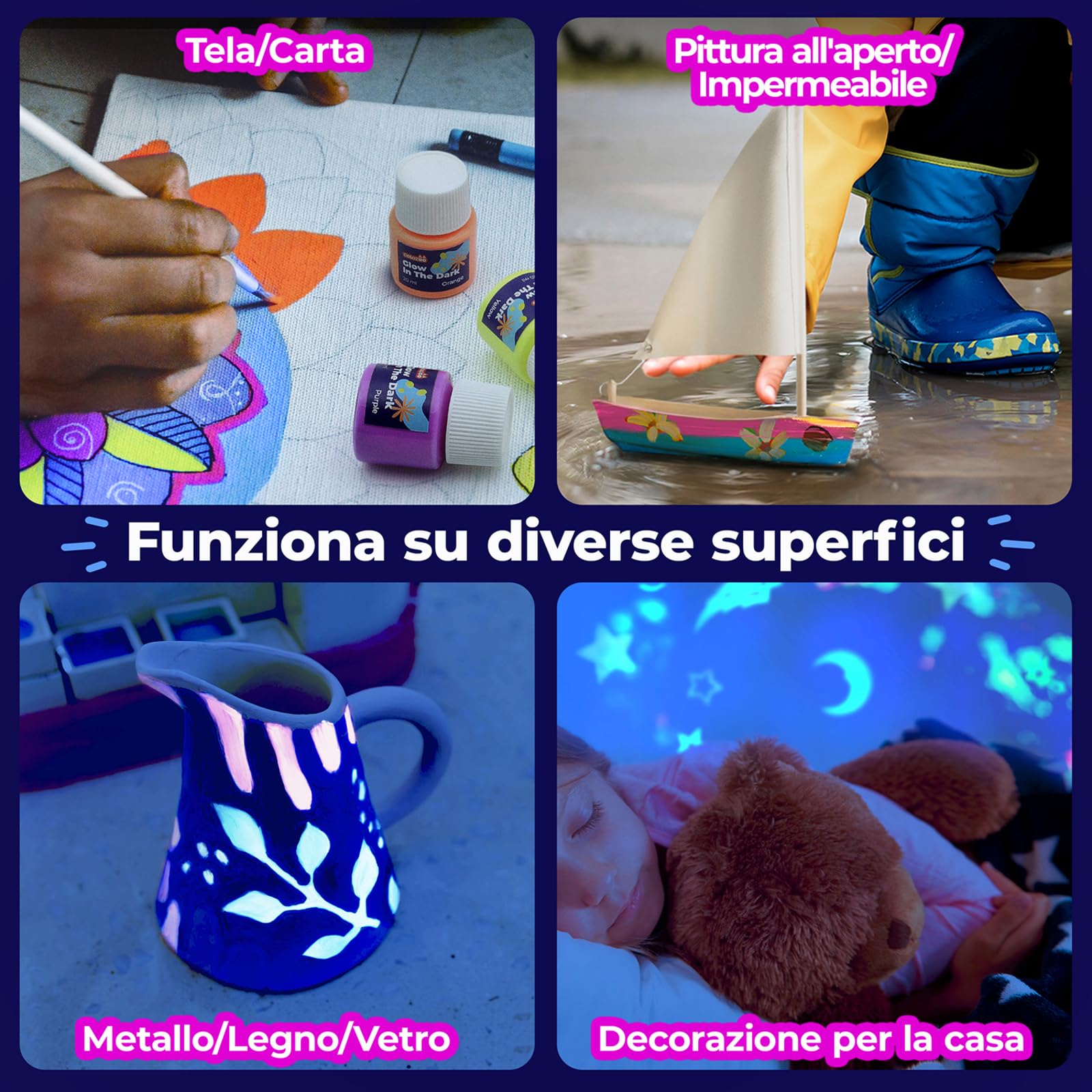 colozoo Set di colori acrilici fosforescenti 8x20ml luminosi +3 pennelli | brillano al buio sono durevoli su qualsiasi superficie fluorescenti autoilluminanti
