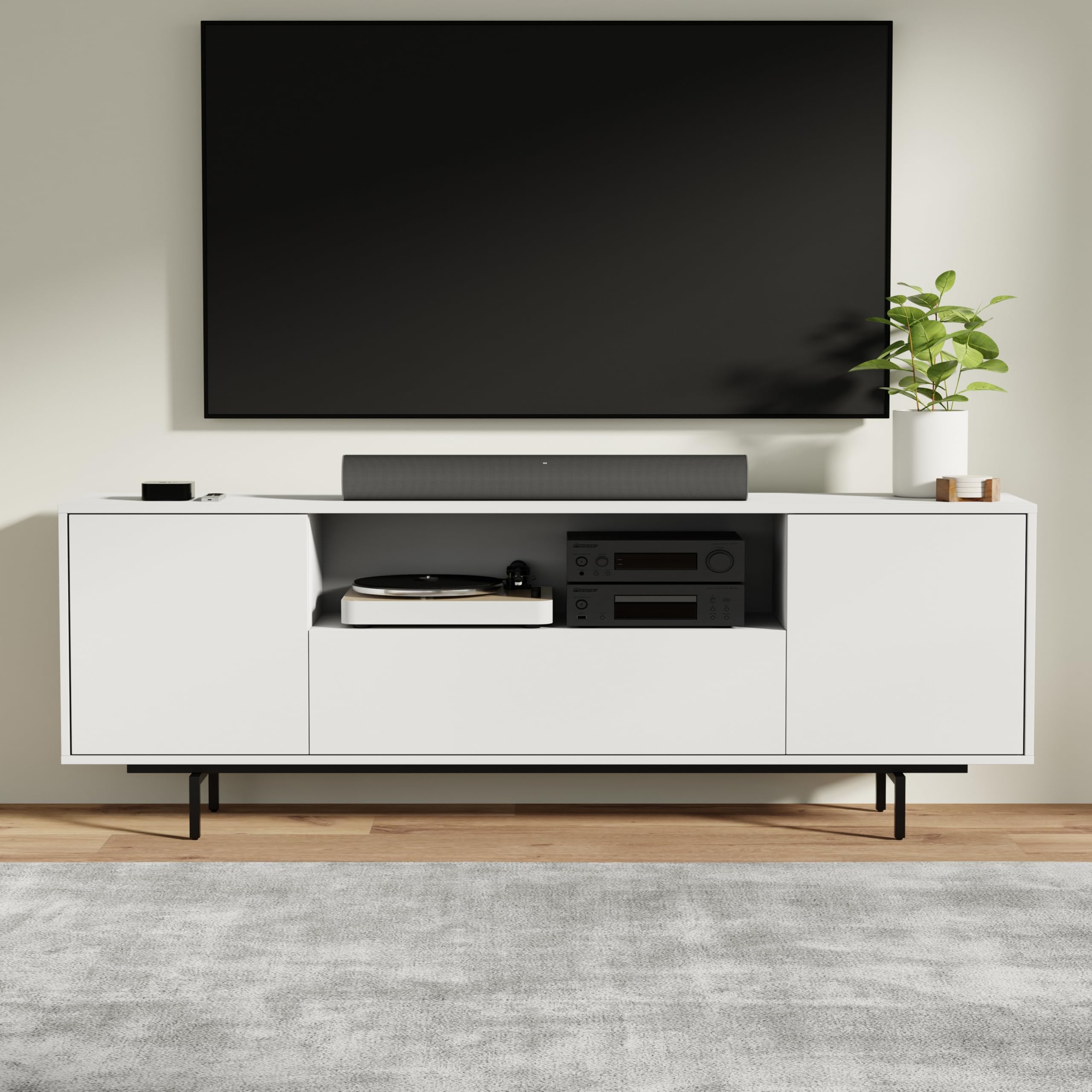 ComfIQ Norrhaus 75-Inch Modern TV Stand – White Finish, 26-Inch Height, No Tools Assembly Technology, Storage Cabinets with Center Channel Speaker