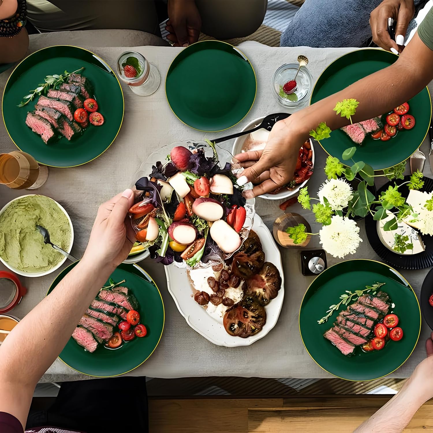 YOUBET 175PCS Green Plastic Plates - Green and Gold Disposable Plates Include 50 Plate, 75 Silverware, 25 Cups, 25 Napkins for Wedding & Party