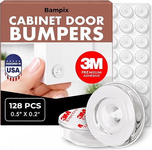 Jelly Button Clear Cabinet Door Bumpers, 128 Pack, 0.5 Inch Self-Adhesive Rubber Pads, Sound-Dampening Stoppers for Cabinets, Drawers, Furniture & Walls