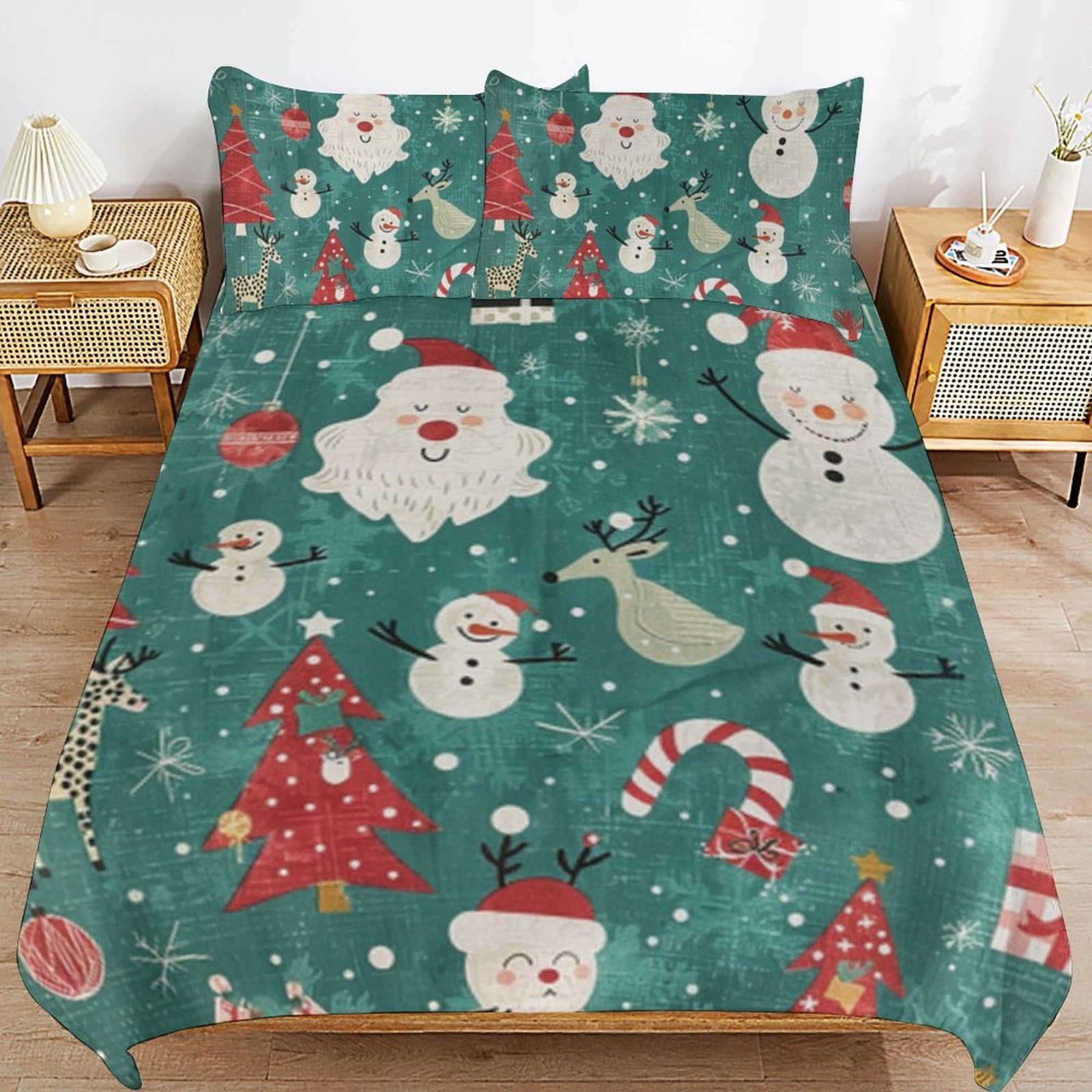 Housse de couette de Noël 135x200 vert doux pour lit enfant avec fermeture éclair et 2 taies