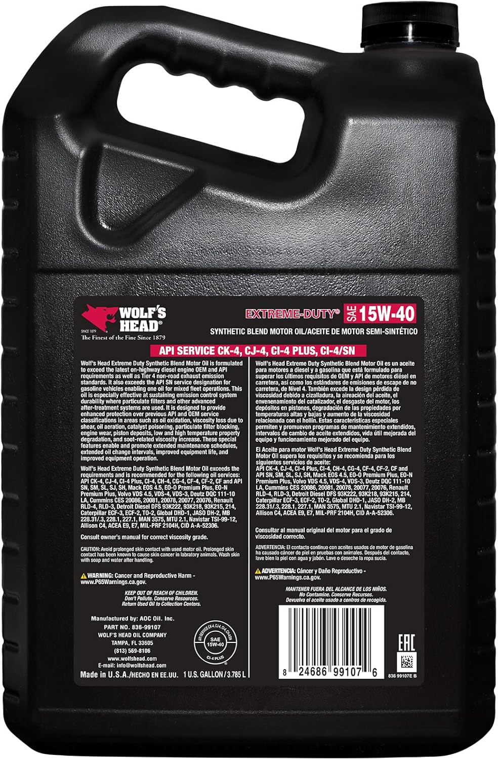 Wolf's Head Extreme Duty 15W-40 Synthetic Blend Diesel Engine Oil (836-99107-36) 1 Gallon Bottle, Pack of 4 | Made in USA