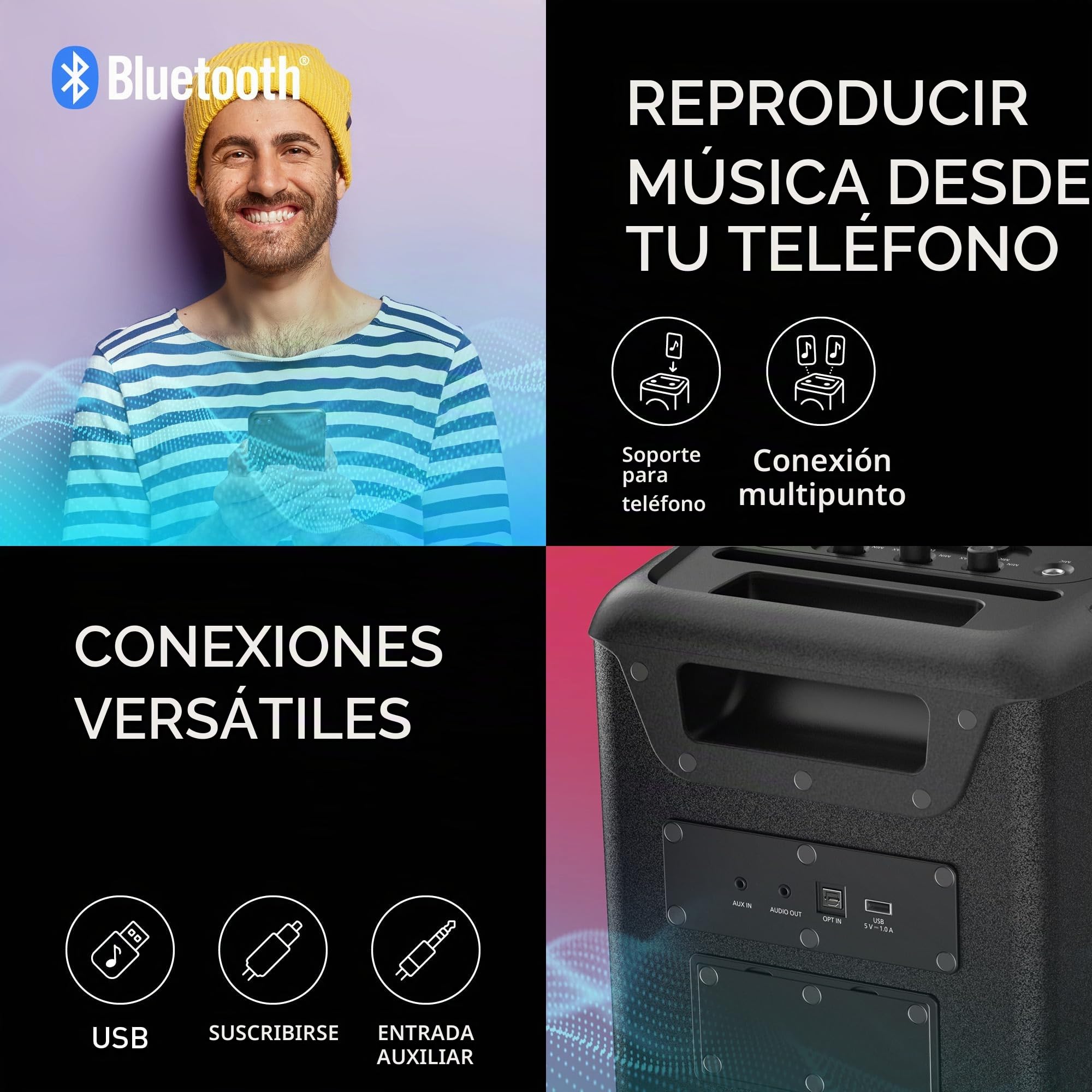 Panasonic SC-BMAX10E-K Altavoz Portátil para Fiestas con Bluetooth, Luces Integradas, 150 W, USB, Entrada Óptica para TV, Entradas de Guitarra y Micrófono para Karaoke, Negro