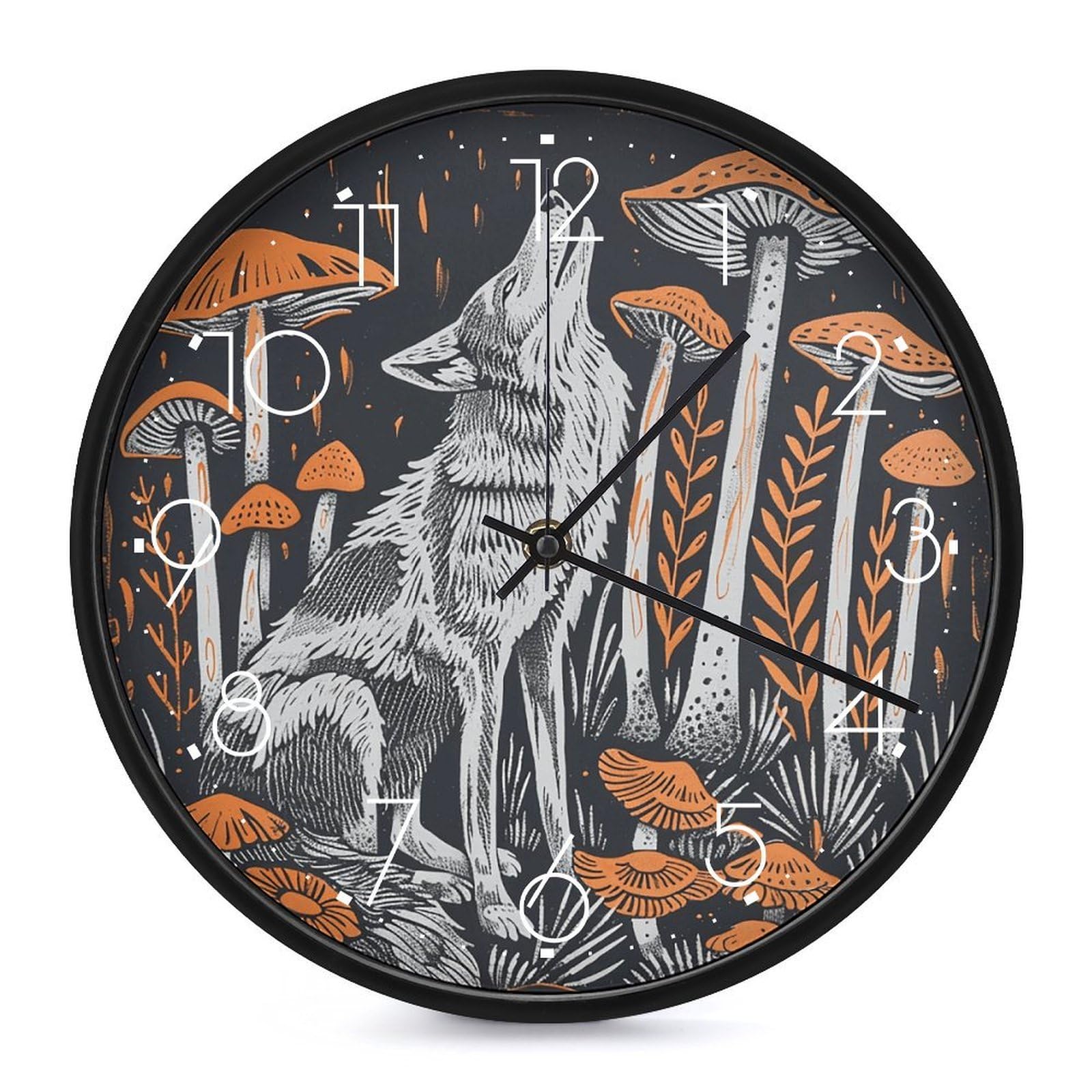 Horloge murale loup et champignon de 25,4 cm ronde et analogique pour salon