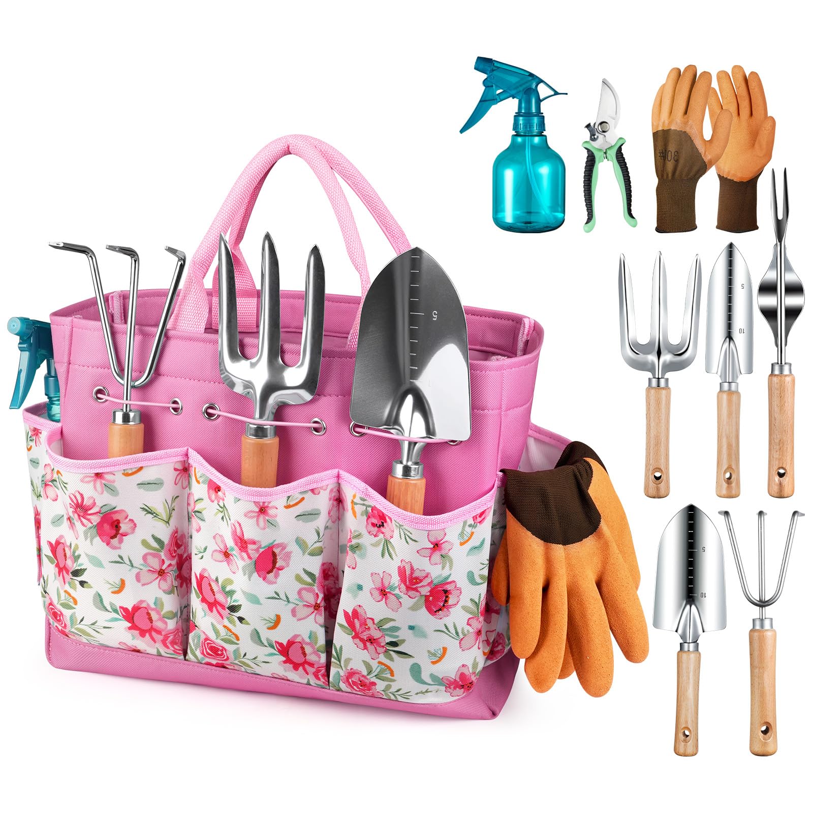 Grenebo 9-Piece Gardening Tools Set with Fashion Handbag, Pink