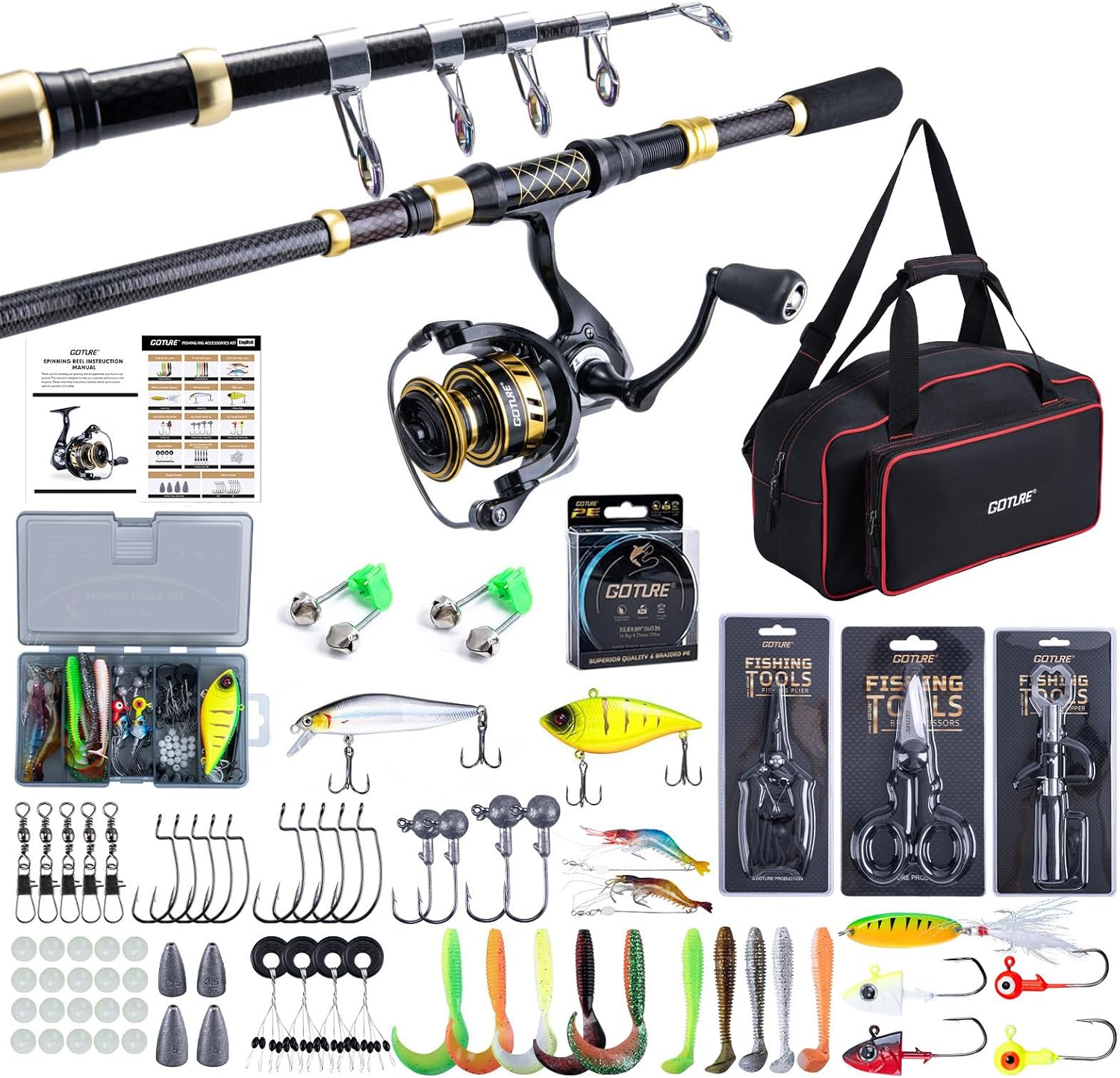 Goture Fishing Rod and Reel Combos, 1.8M-2.7M Carbon Fiber Telescopic Fishing Pole with Spinning Reel, Lures Set, 900D Carrier Bag, Travel Full Kit for Freshwater Saltwater, Beginners & Anglers
