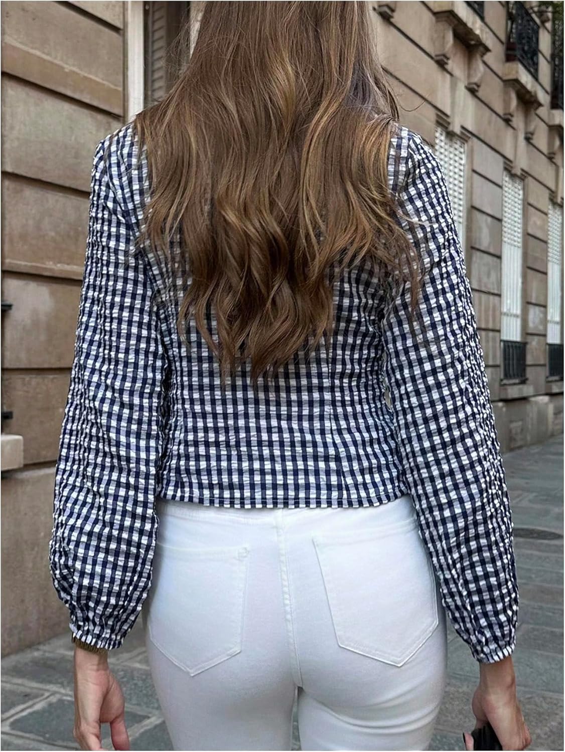 Floerns Women's Gingham Long Sleeve Shirts Crew Neck Casual Fall Button Down Blouses - Image 3