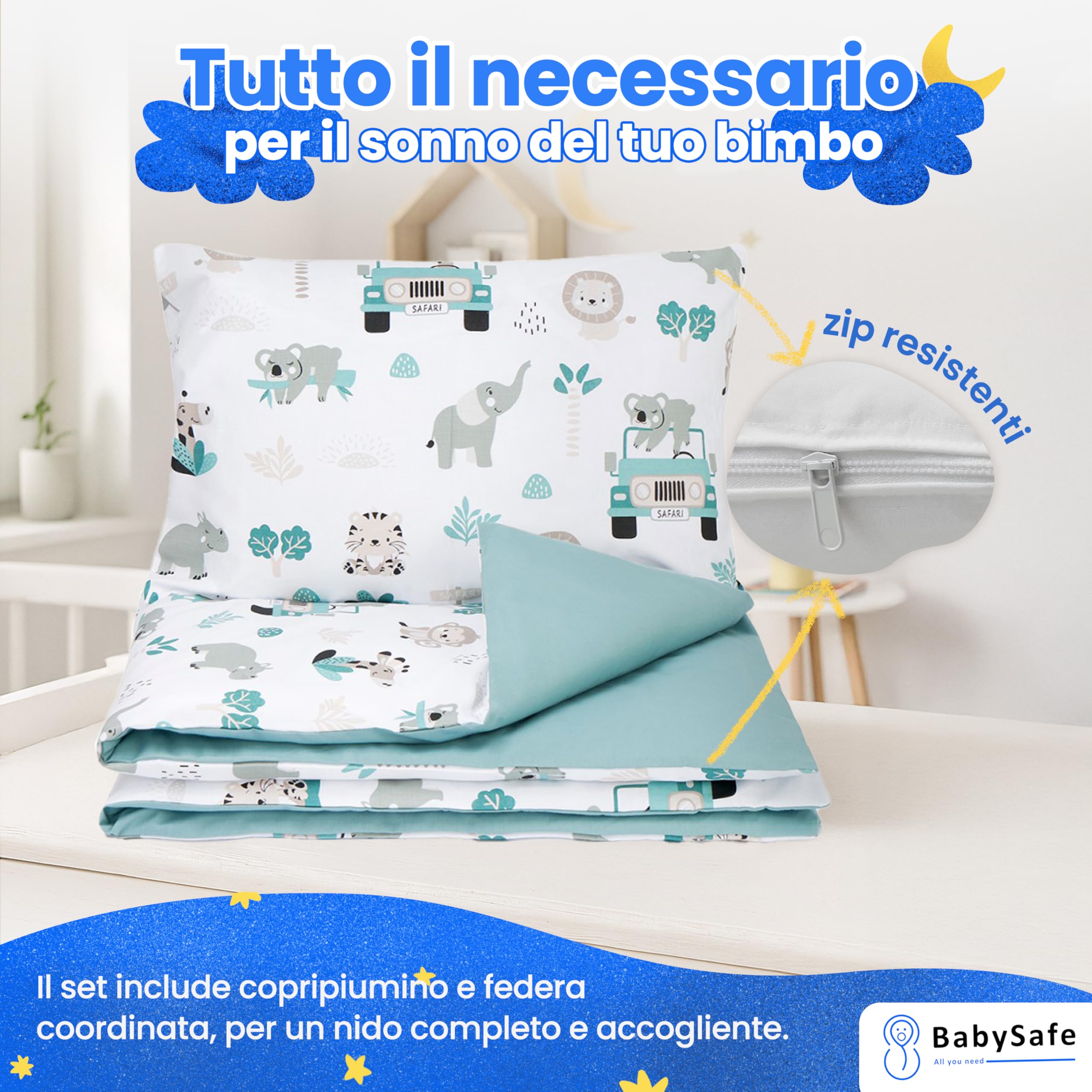 BABYSAFE Set Copripiumino Lettino 100x135 e Federa Cuscino 40x60 Coordinata, 100% Cotone Certificato Oeko-Tex - Copripiumino 100x135 Neonato per Culla, Lettino o Carrozzina Made in Europe