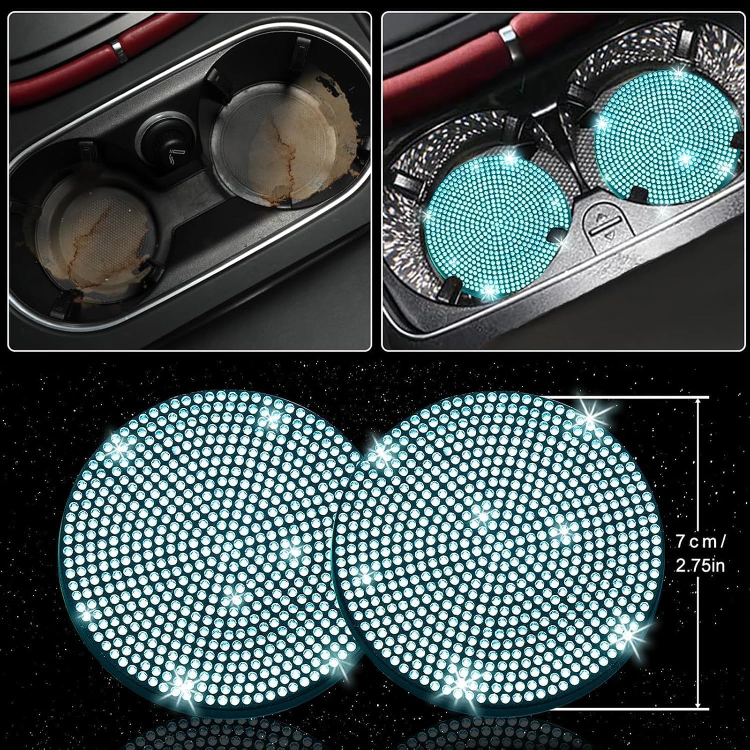 NBTEPEM 27 PCs Aquamrine Bling Car Accessories Set for Women, Steering Wheel Covers Universal Fit 15 Inch, Bling License Plate Frame, Bling Phone Holder, Bling Car Coasters (Aquamrine Diamond) - Image 7