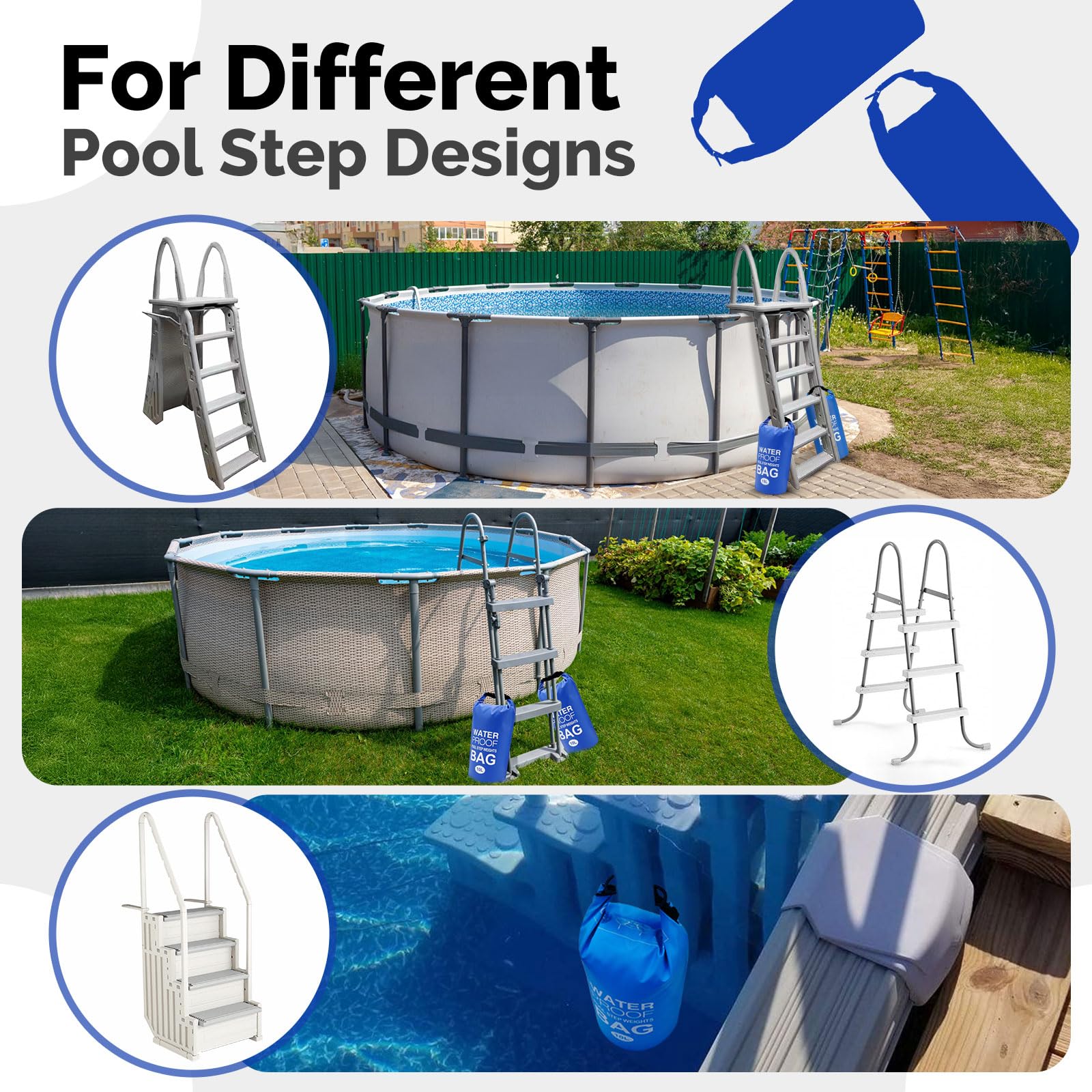 Goovilla Poolleiter-Gewichte, universal, 2 Stück, 20 l, 500D PVC, wasserdicht, reißfest, Sandsäcke für oberirdische Pool-Stufen, einfach zu befüllen und zu versiegeln, mit starkem Griff und 4 Gurten