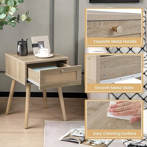 Miniatura 4 de Giantex Juego de 2 mesitas de noche de ratán bohemio, mesitas de noche de madera de mediados de siglo con cajón de tejido de ratán, mesita de noche