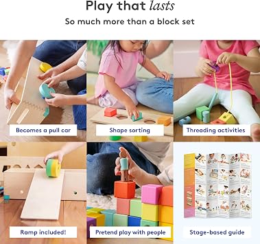 LOVEVERY | The Block Set | Solid Wood Building Blocks and Shapes + Wooden Storage Box, 70 Pieces, 18 Colors, 20+ Activities, Toddler Block Set and Converts into a Pull Car, Ages 12 to 48+ months