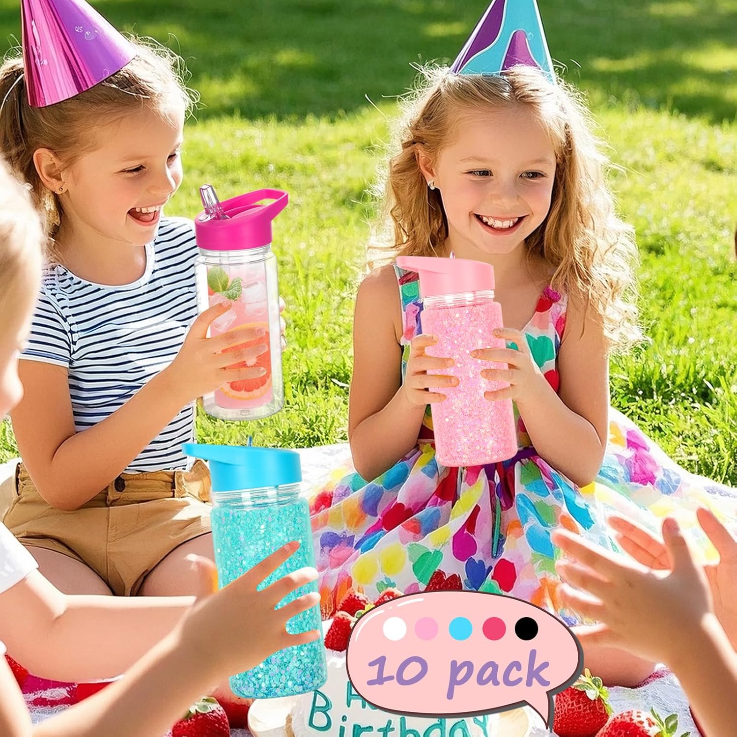 10 Pack 10 Oz Plastic Snow Globe Tumbler for Kids with Pre-Drilled Hole and Plug, Leak Proof Double Wall Snow Globe Sports Water Bottle with Portable Handle for Glitter DIY Gift, Mixed Color