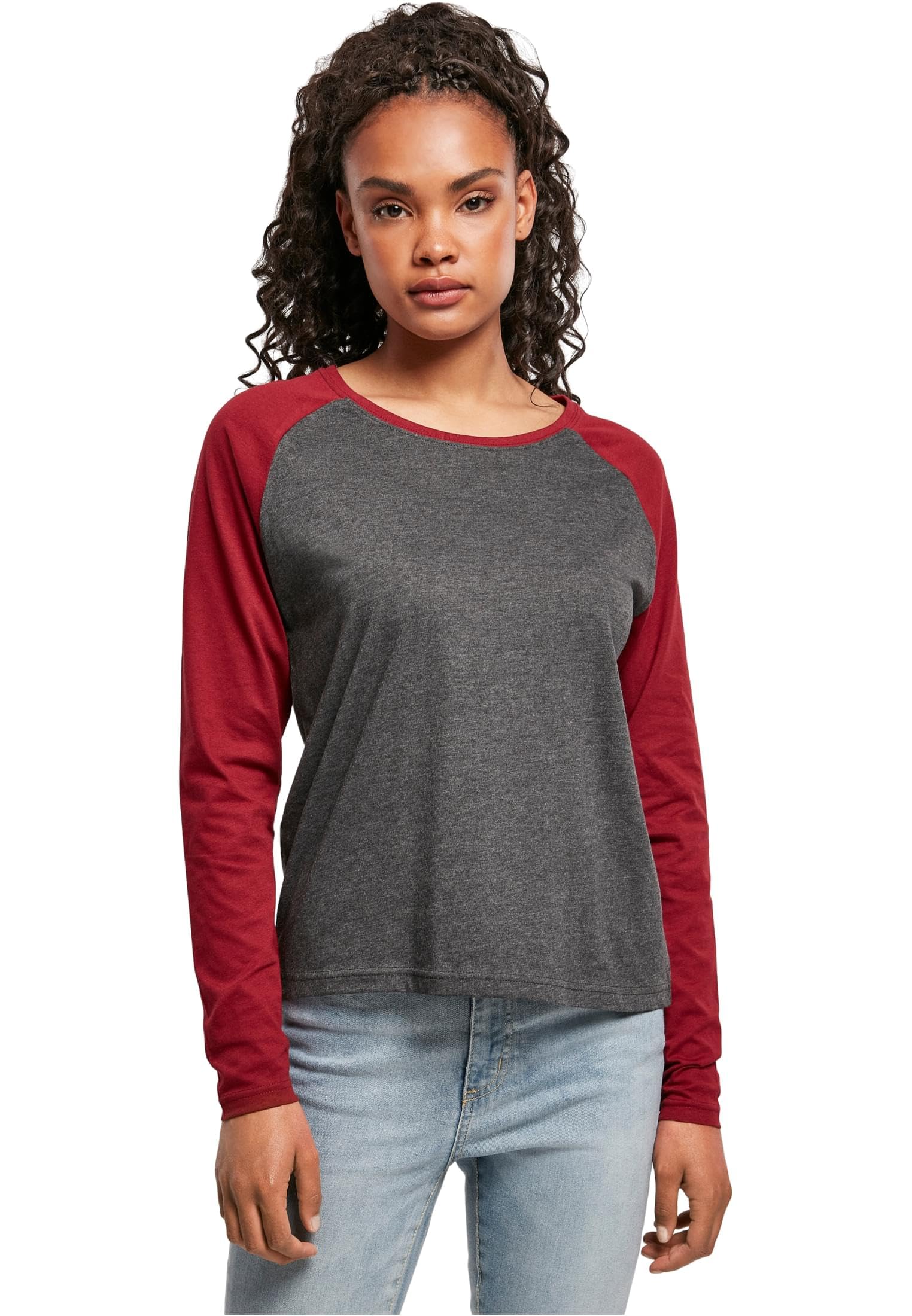 Urban Classics Women's Ladies Contrast Raglan Longsleeve T-Shirt, Charcoal/Burgundy, S